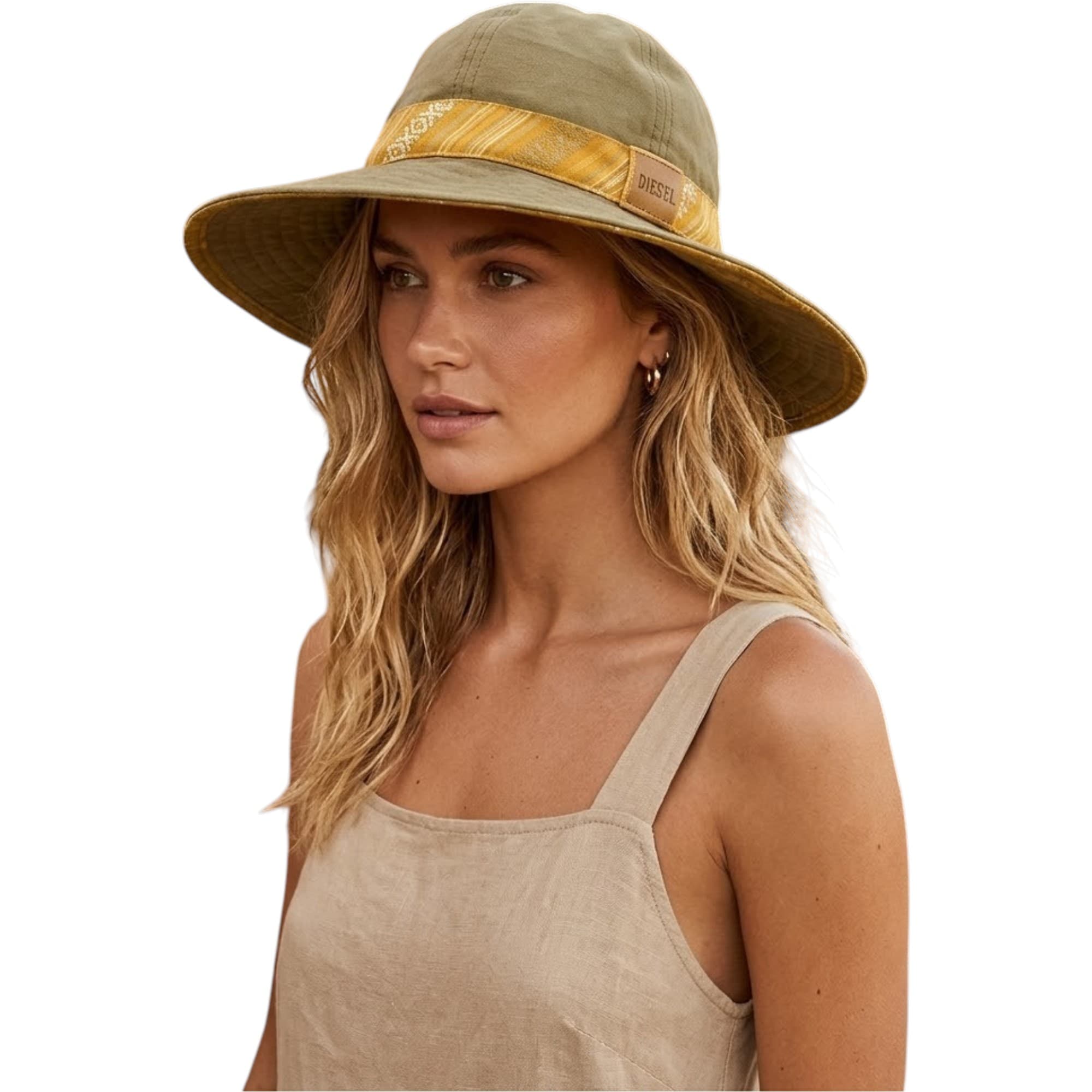 Diesel Sombrero khaki cotton hat with yellow and orange band, front view