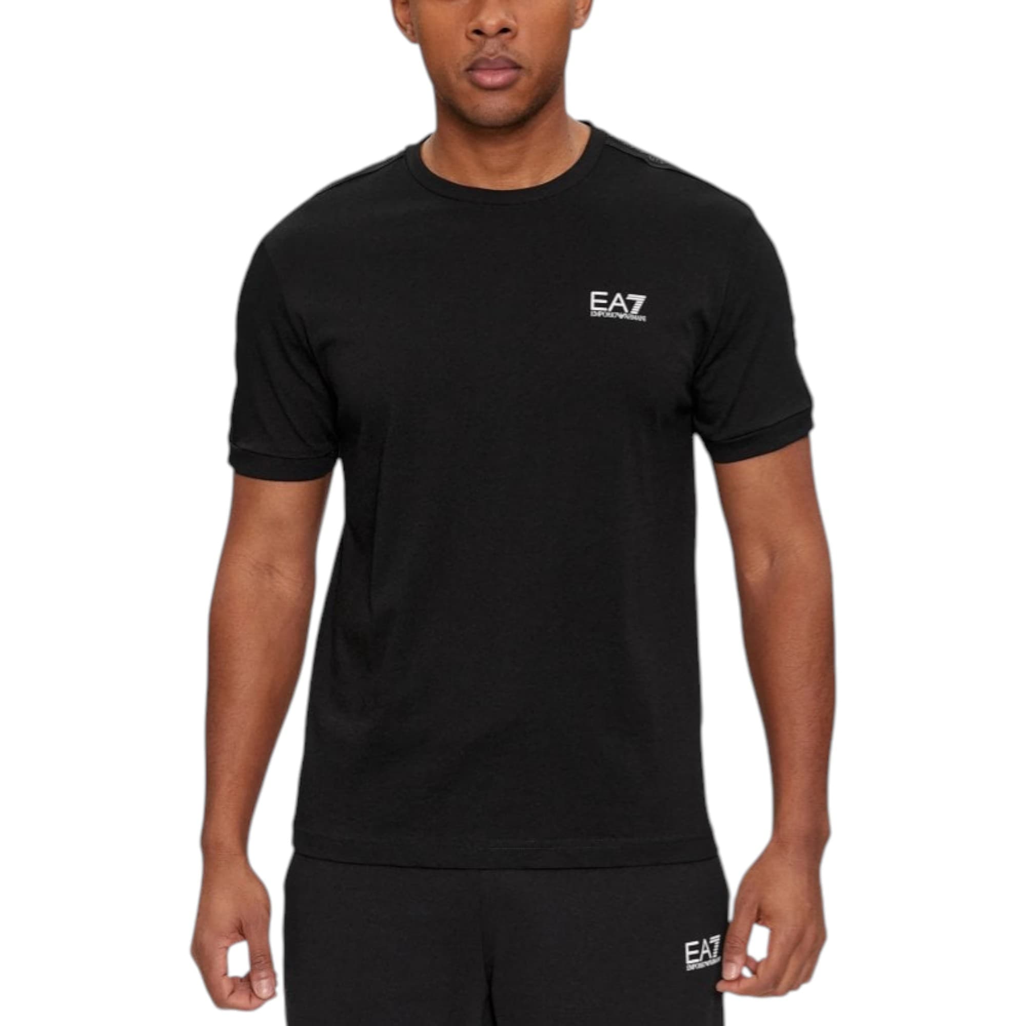 Emporio Armani EA7 mens black cotton t-shirt with tape logo front view