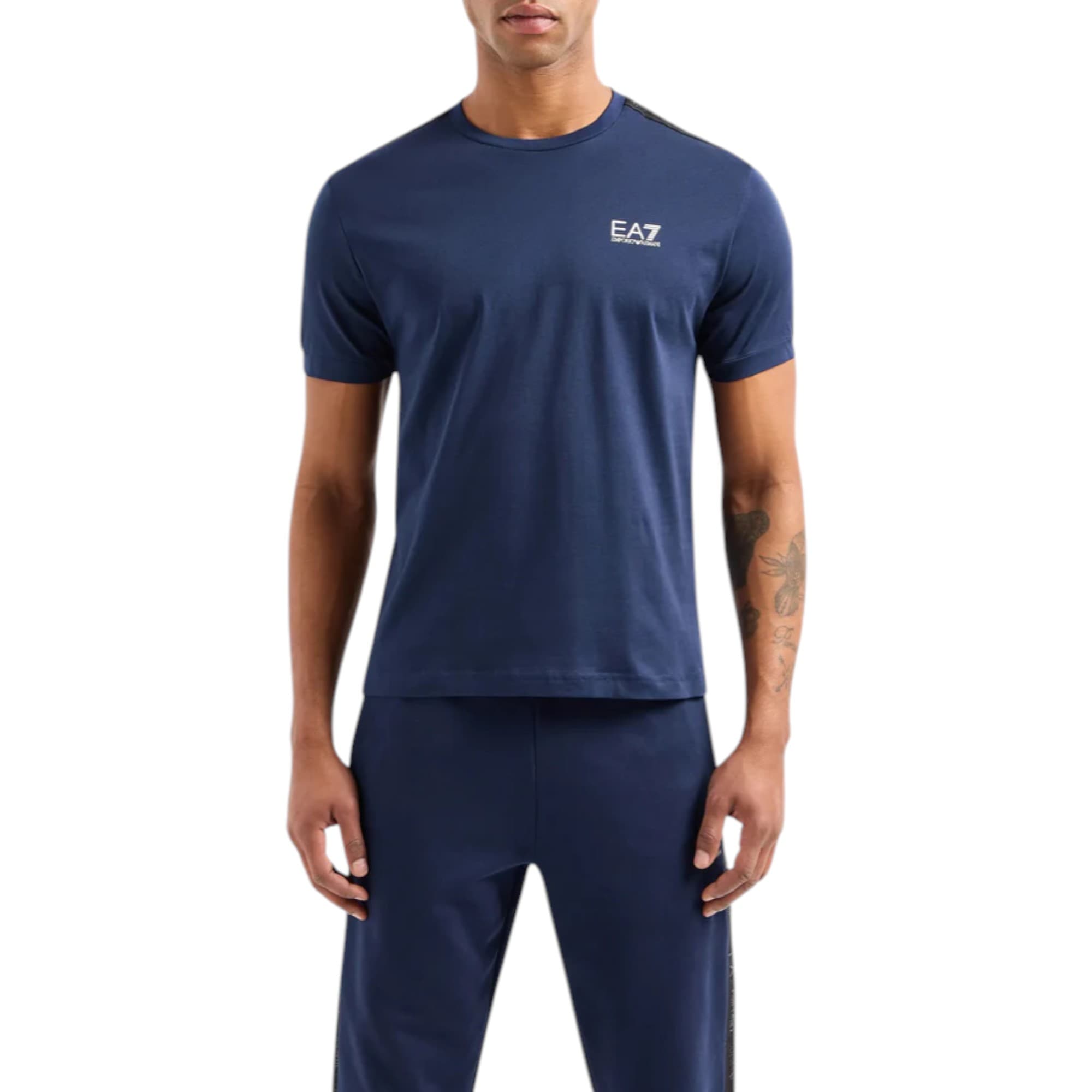 Emporio Armani EA7 dark blue men's t-shirt front view with rubber logo print