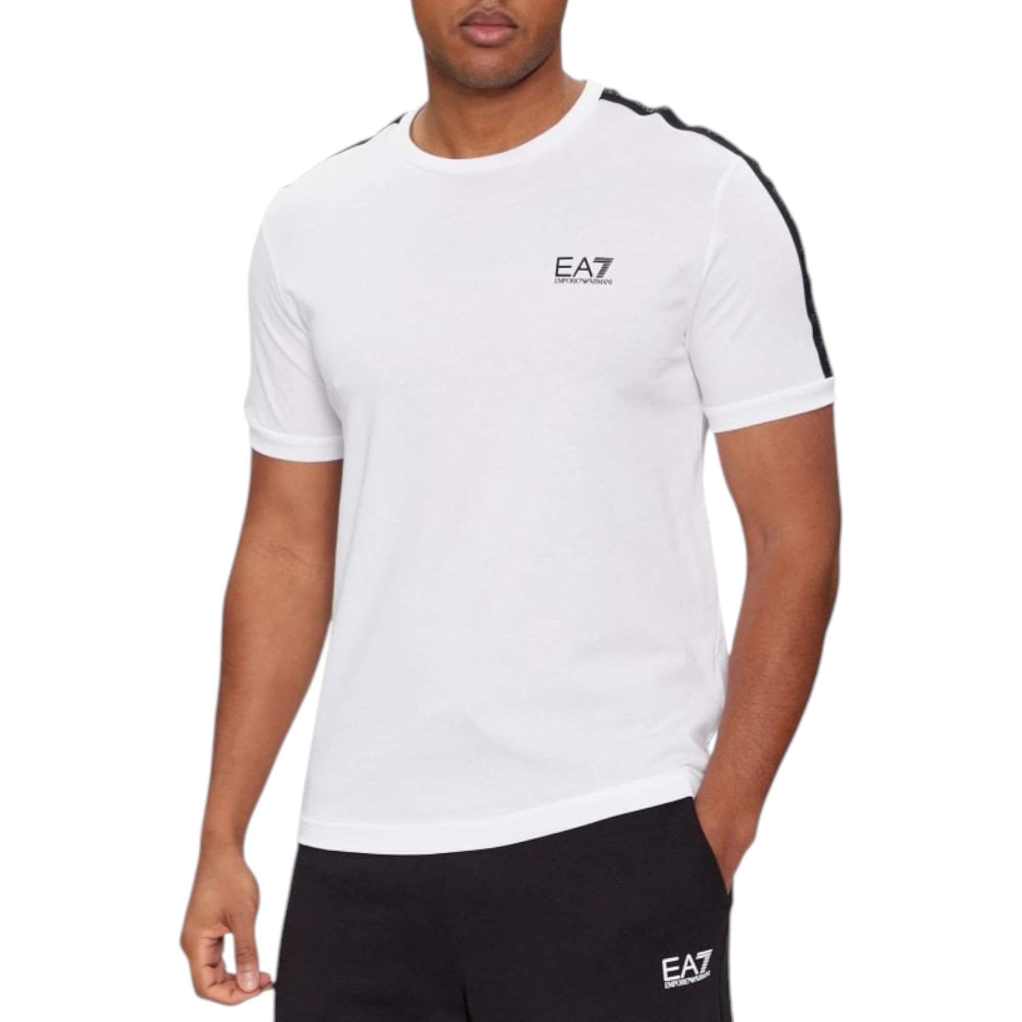 Emporio Armani EA7 mens white t-shirt with tape logo sleeves, front view