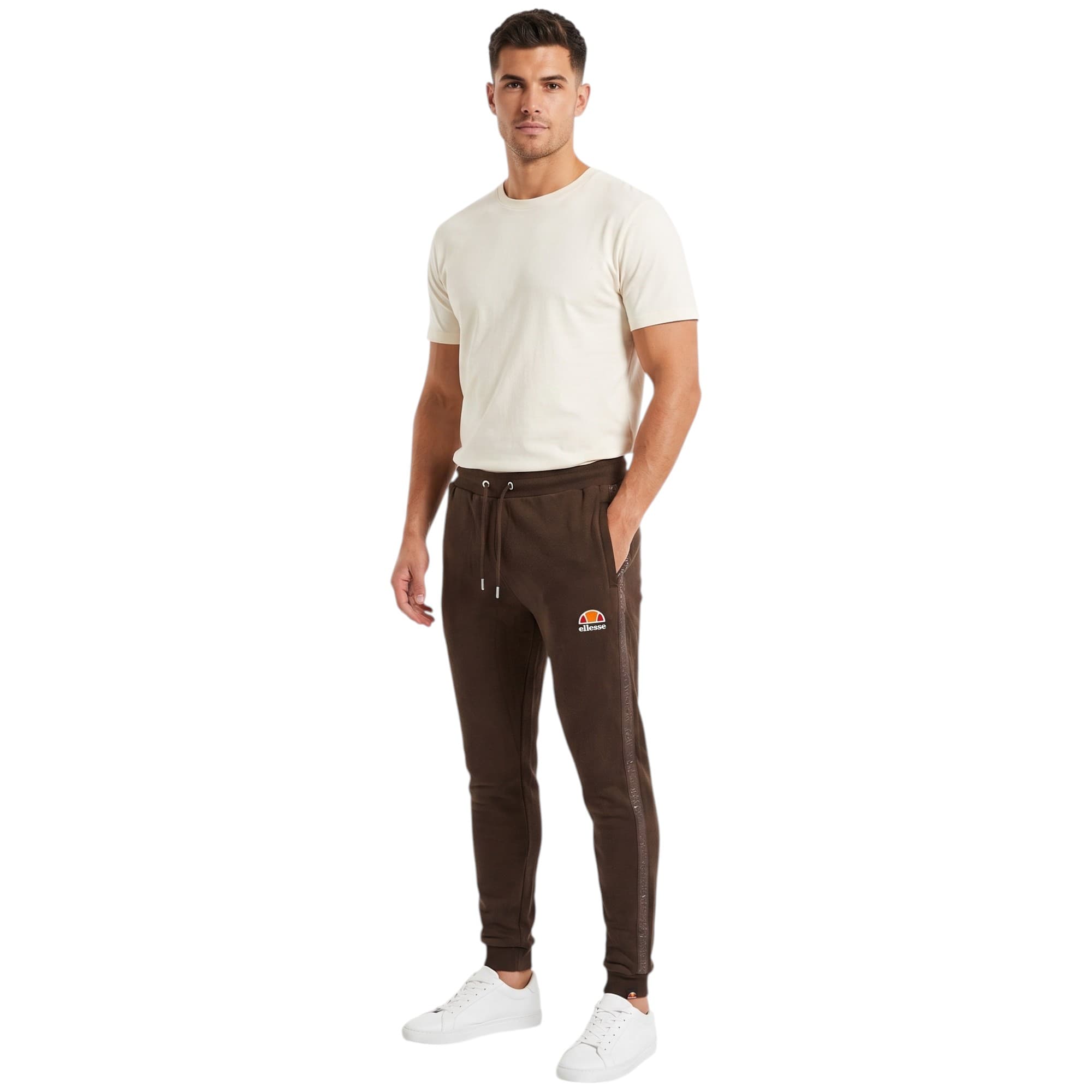 Ellesse mens joggers in dark olive, front view with logo branding on left leg