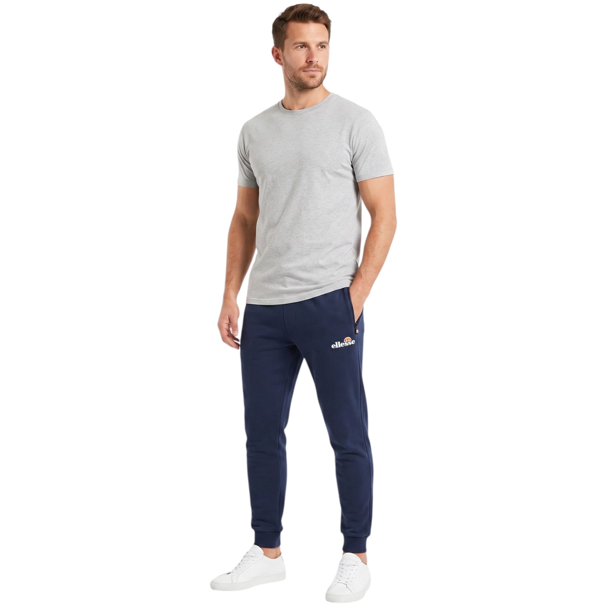 Ellesse mens navy joggers front view with logo branding