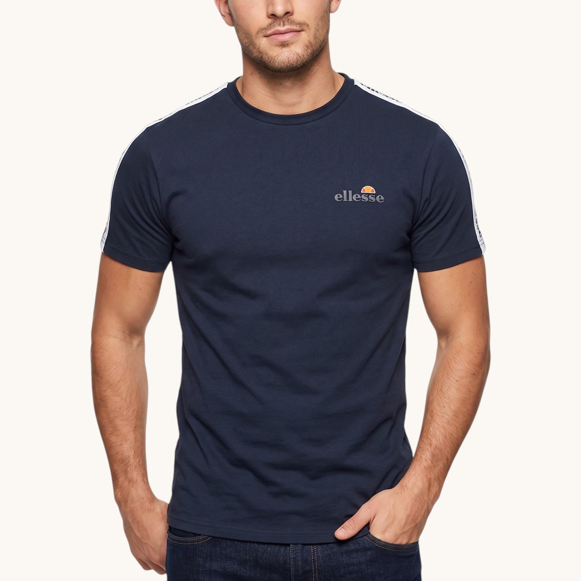 Ellesse men's black cotton t-shirt with front printed logo, crew neck view