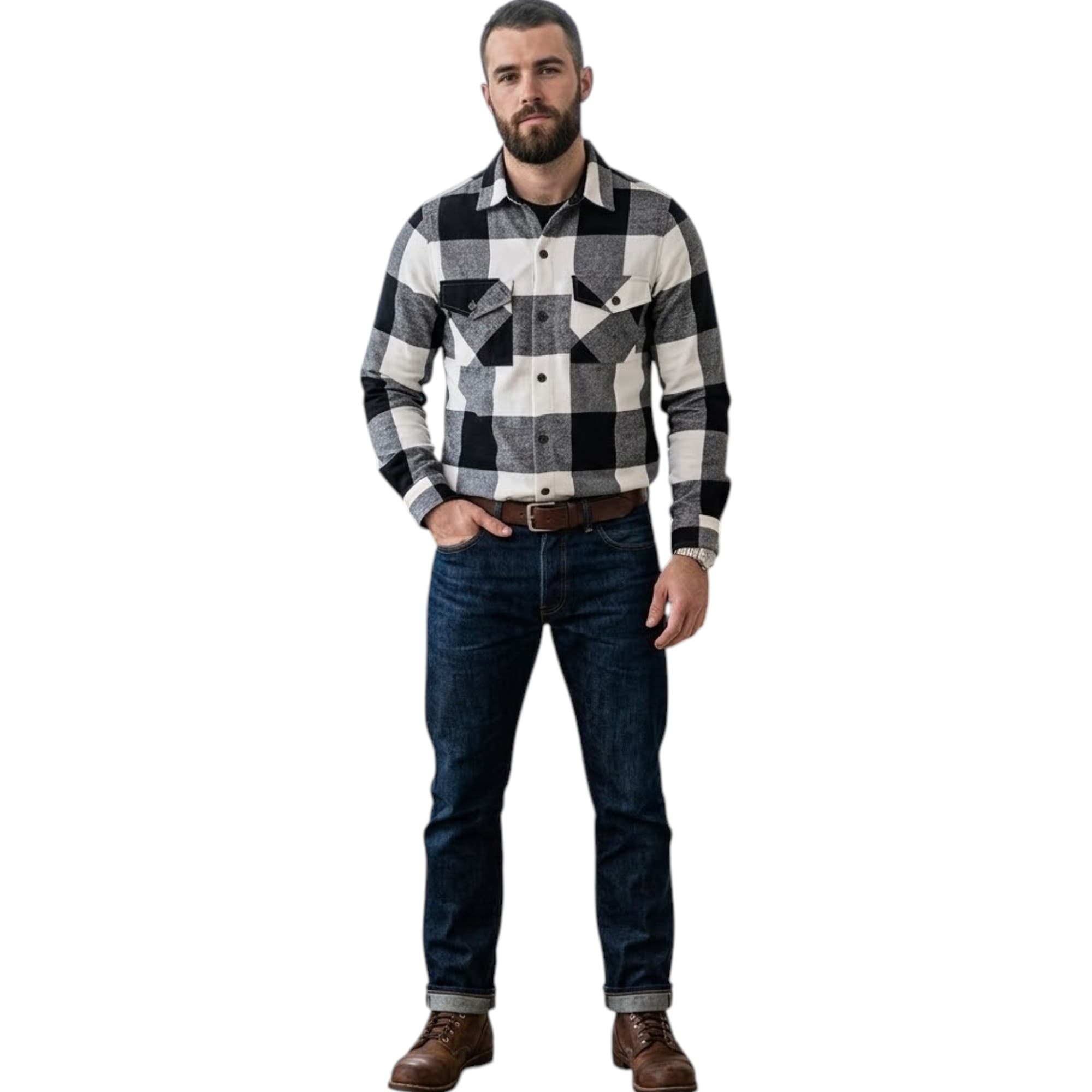 Euroclips men's black and white check long sleeve shirt front view