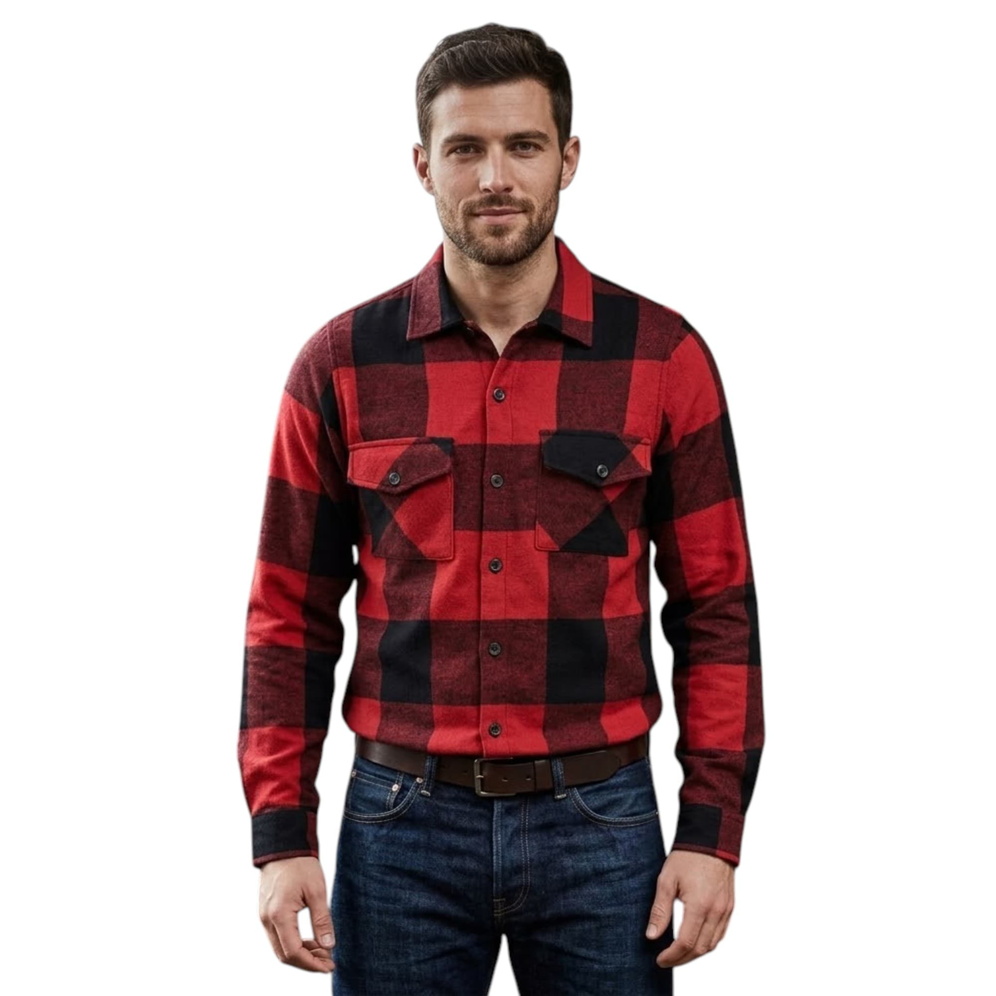 Euroclips men's red and black check long sleeve shirt front view
