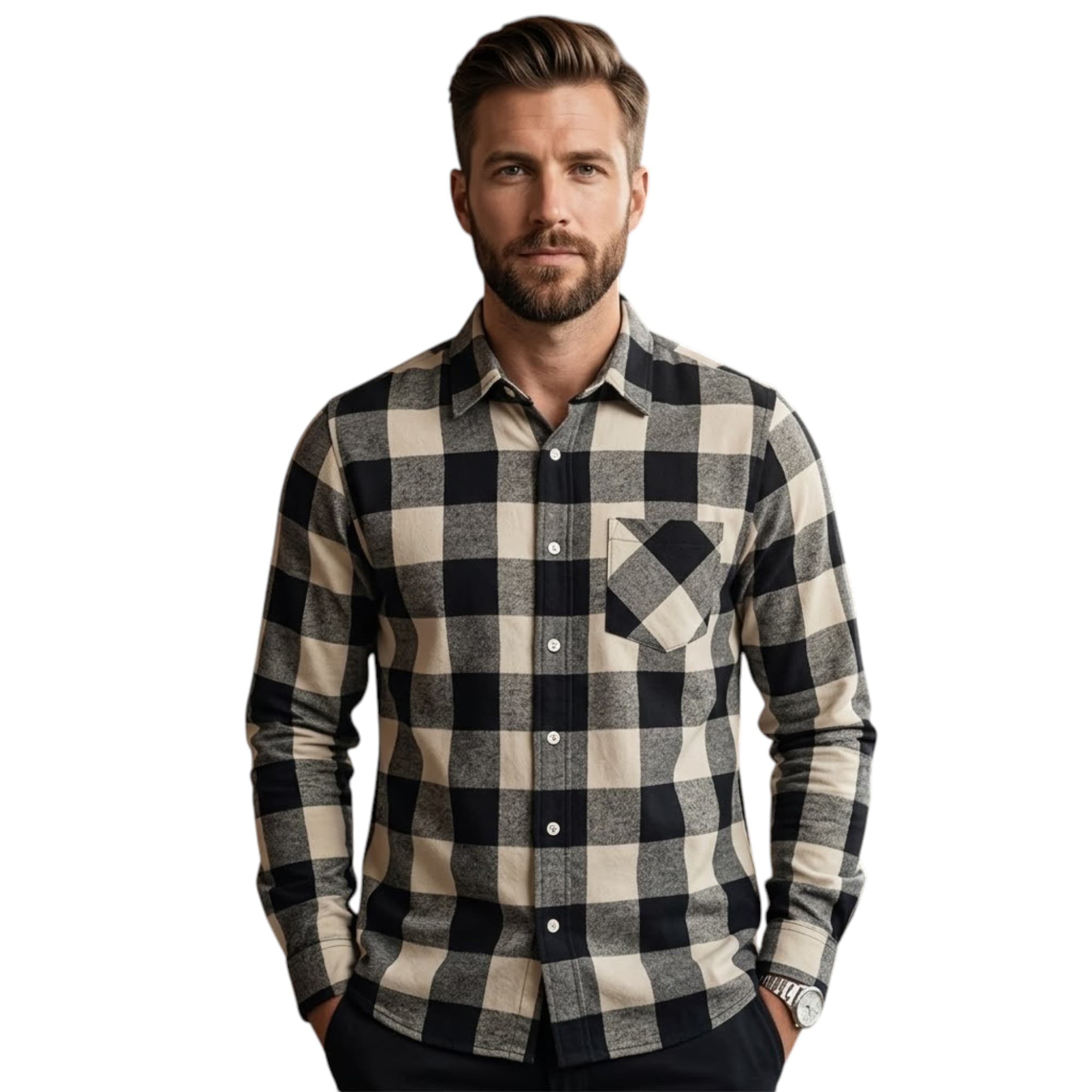 Euroclips CHESS Check long sleeve shirt front view, black and off-white check pattern