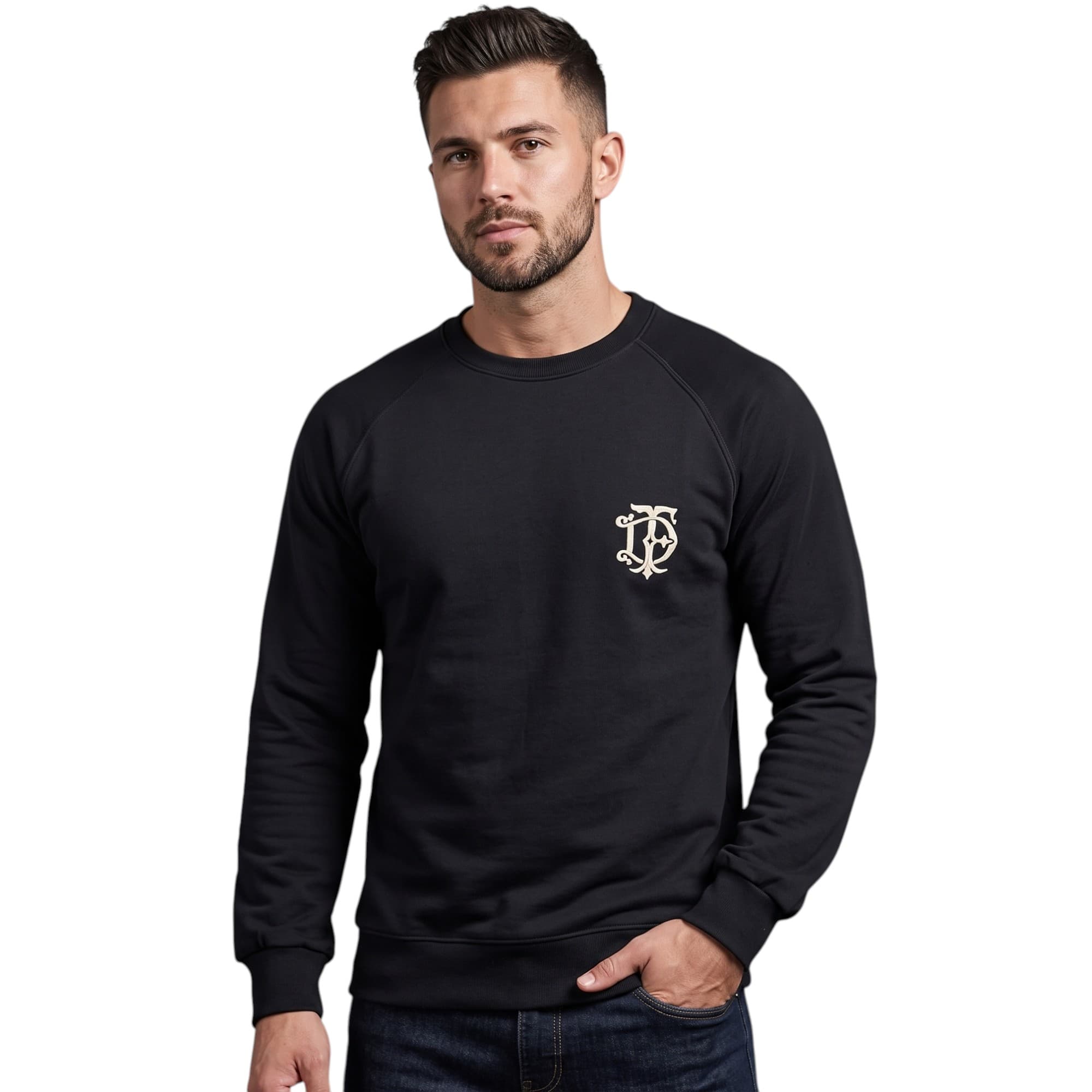 FAIRDIM men's black cotton sweatshirt front view with embroidered chest logo