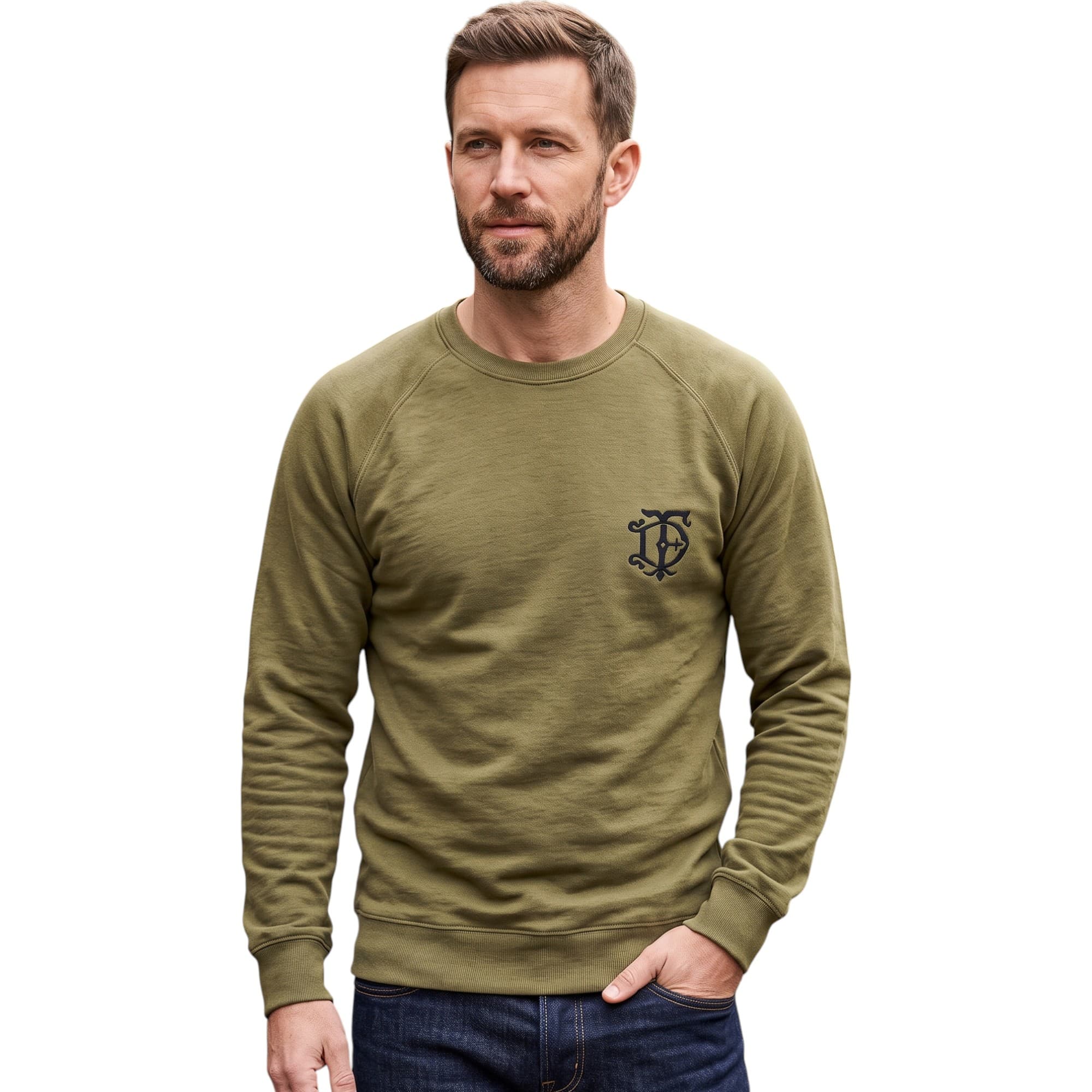 FAIRDIM men's olive cotton sweatshirt front view with embroidered FD logo