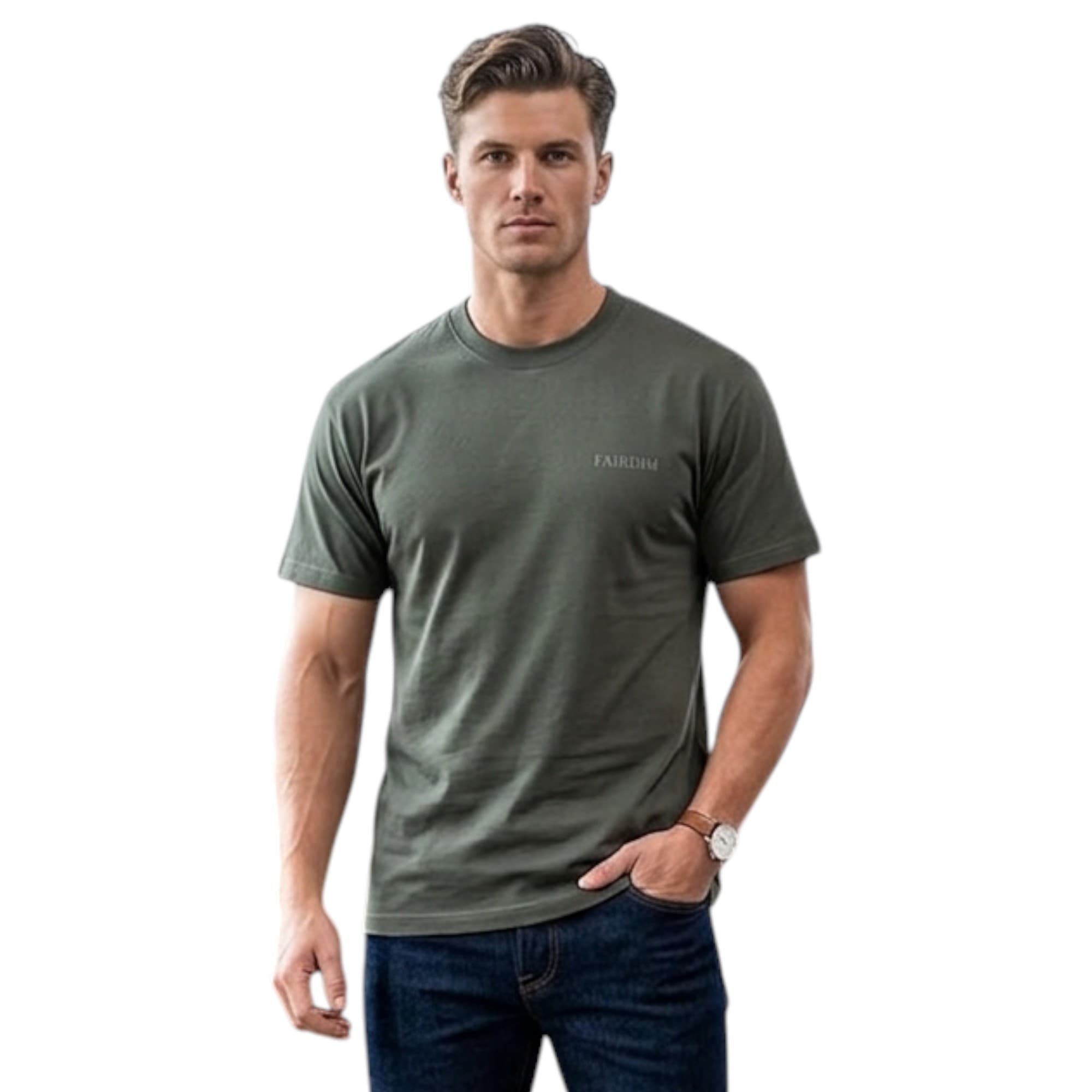 FAIRDIM men's green cotton t-shirt front view with embroidered logo