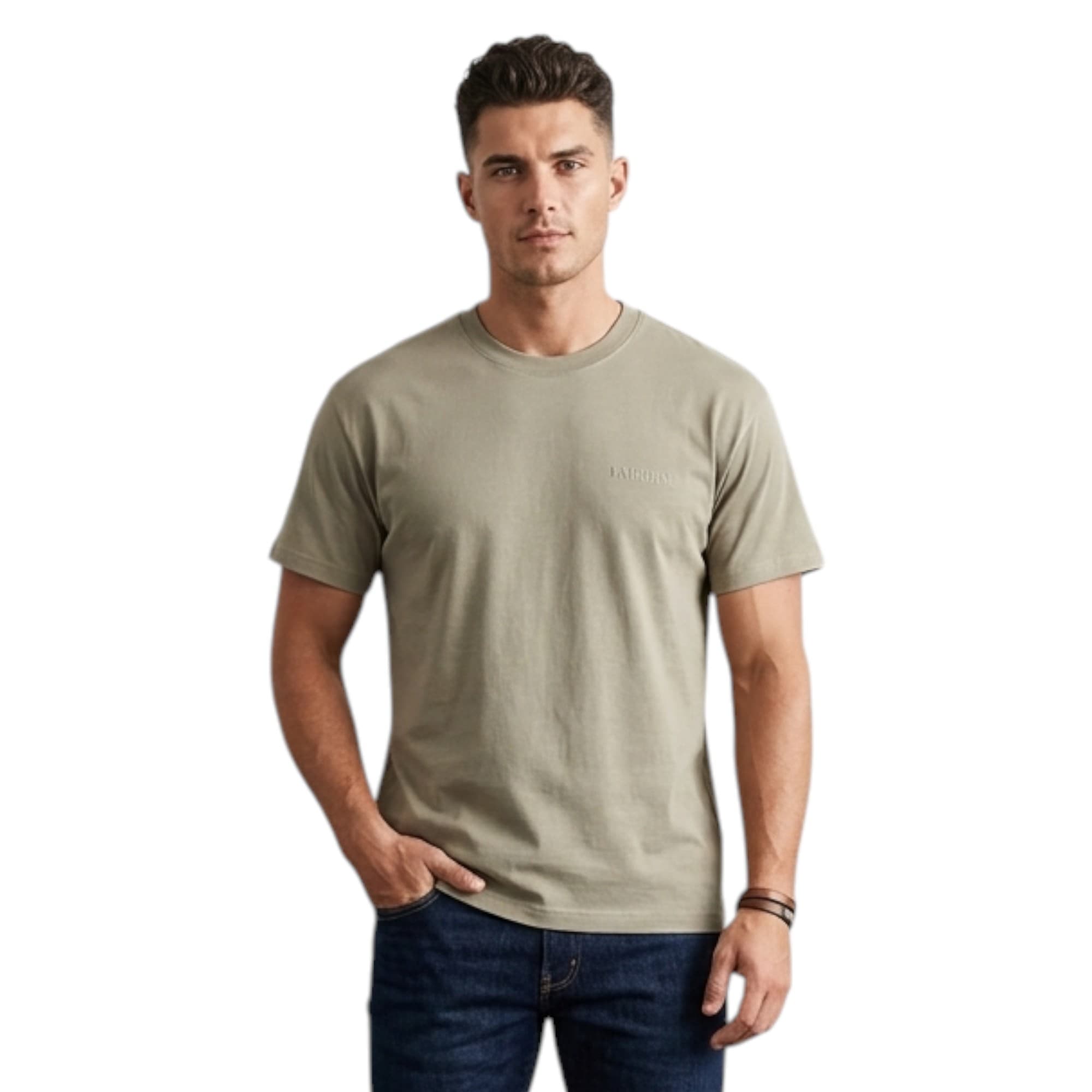FAIRDIM men's sand cotton t-shirt front view with embroidered chest logo