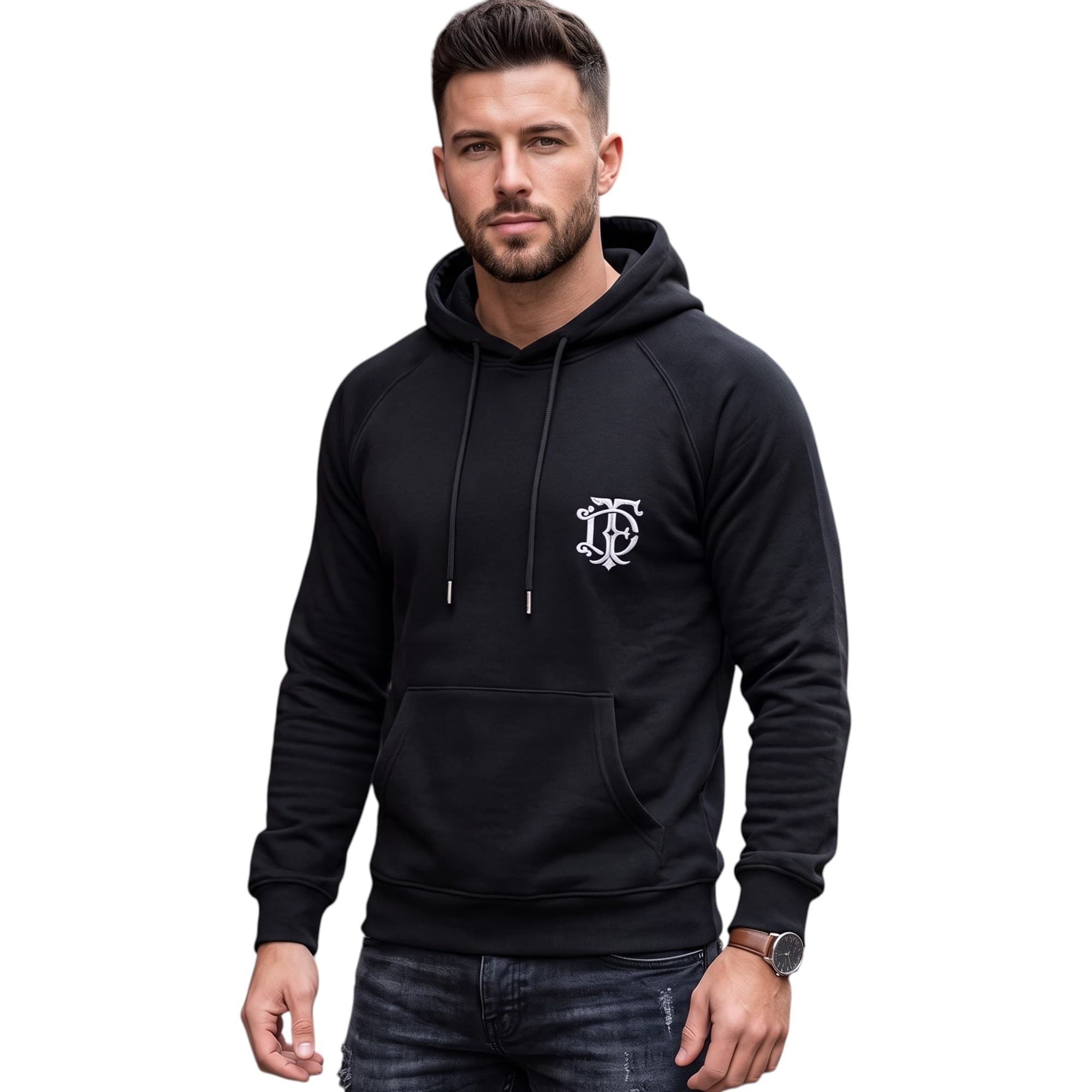 FAIRDIM black men's pullover hoodie front view with embroidered chest logo