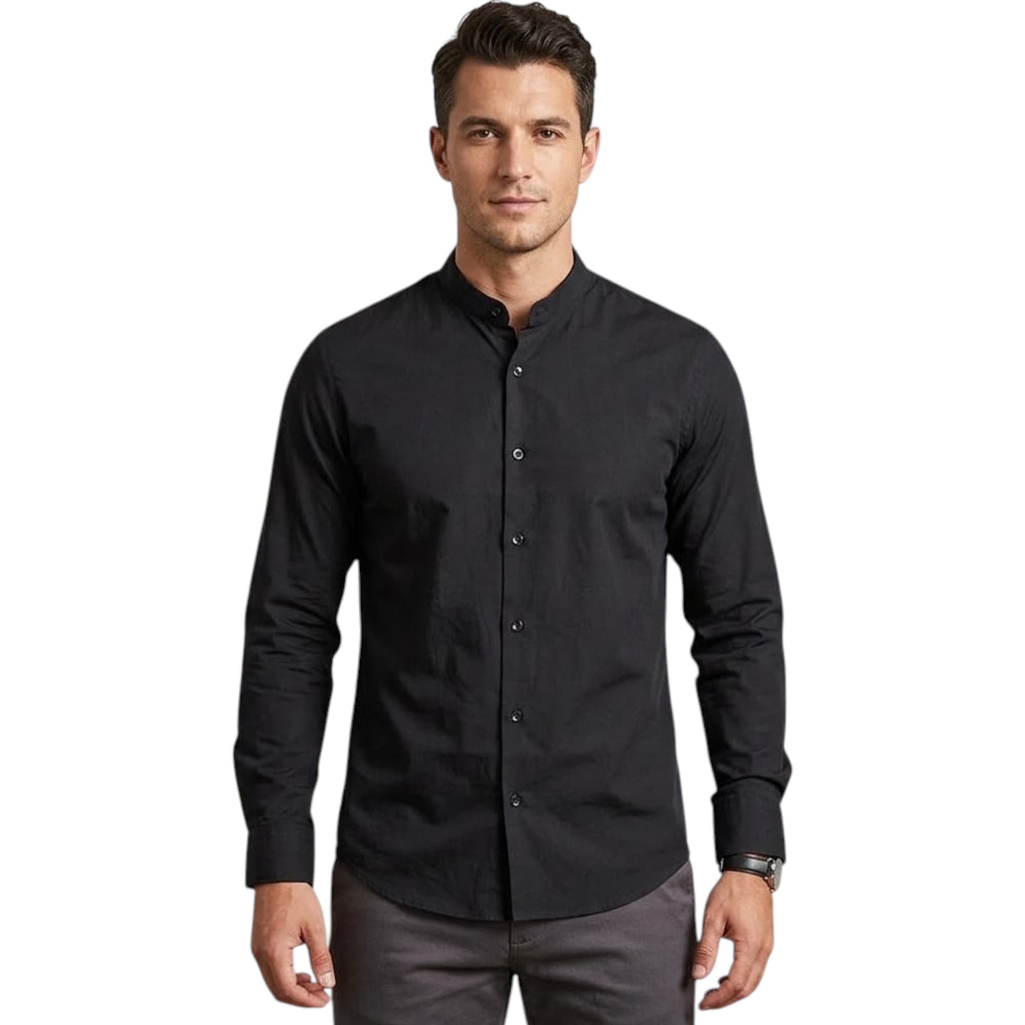 FAIRDIM men's black long sleeve shirt front view with band collar