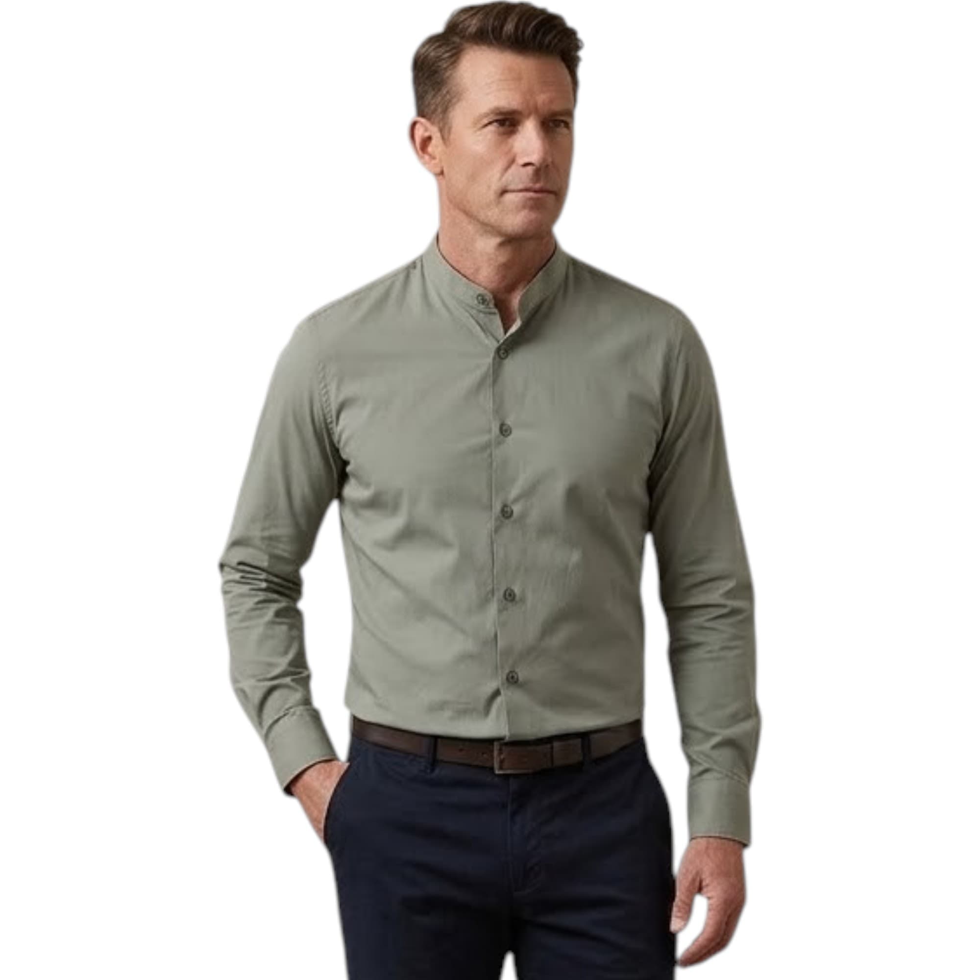 FAIRDIM men's olive long sleeve shirt front view, slim fit band collar