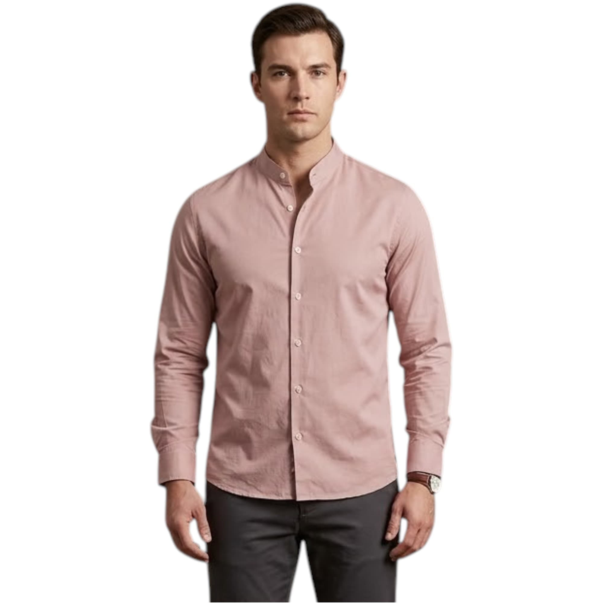 FAIRDIM men's pink long sleeve shirt with band collar, front view