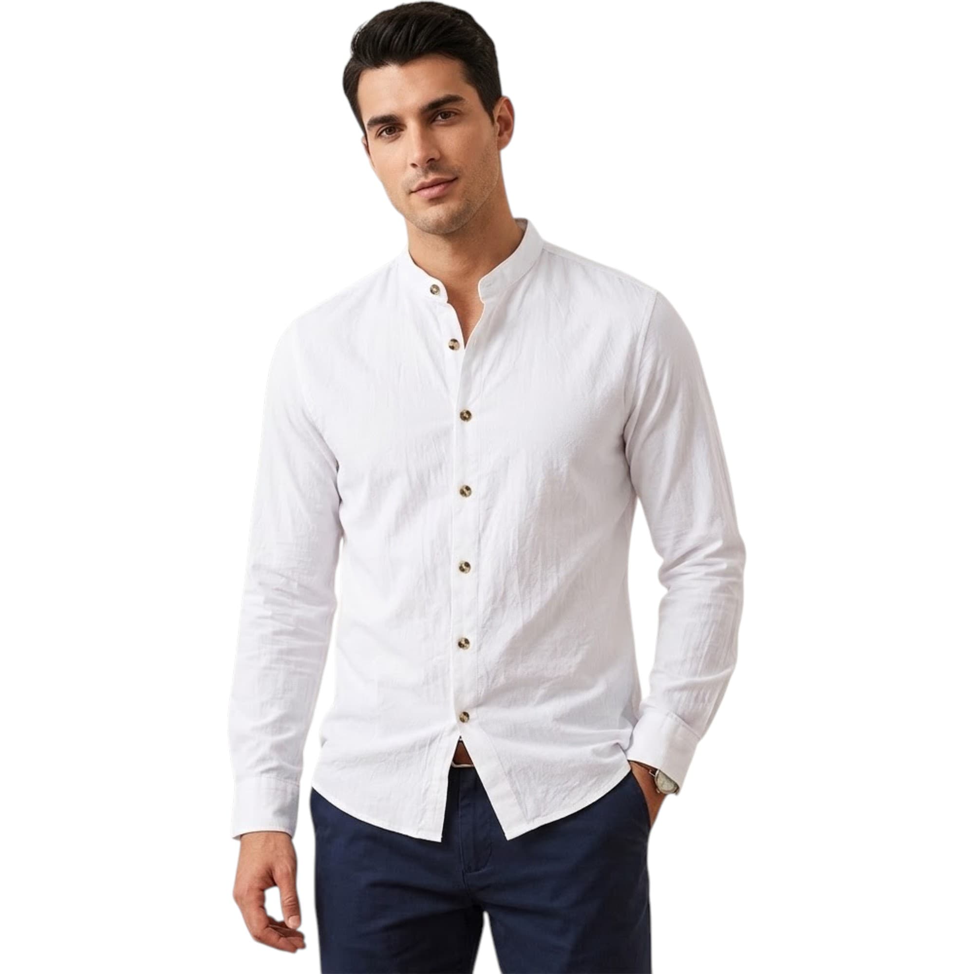 FAIRDIM white long sleeve men's shirt front view with band collar
