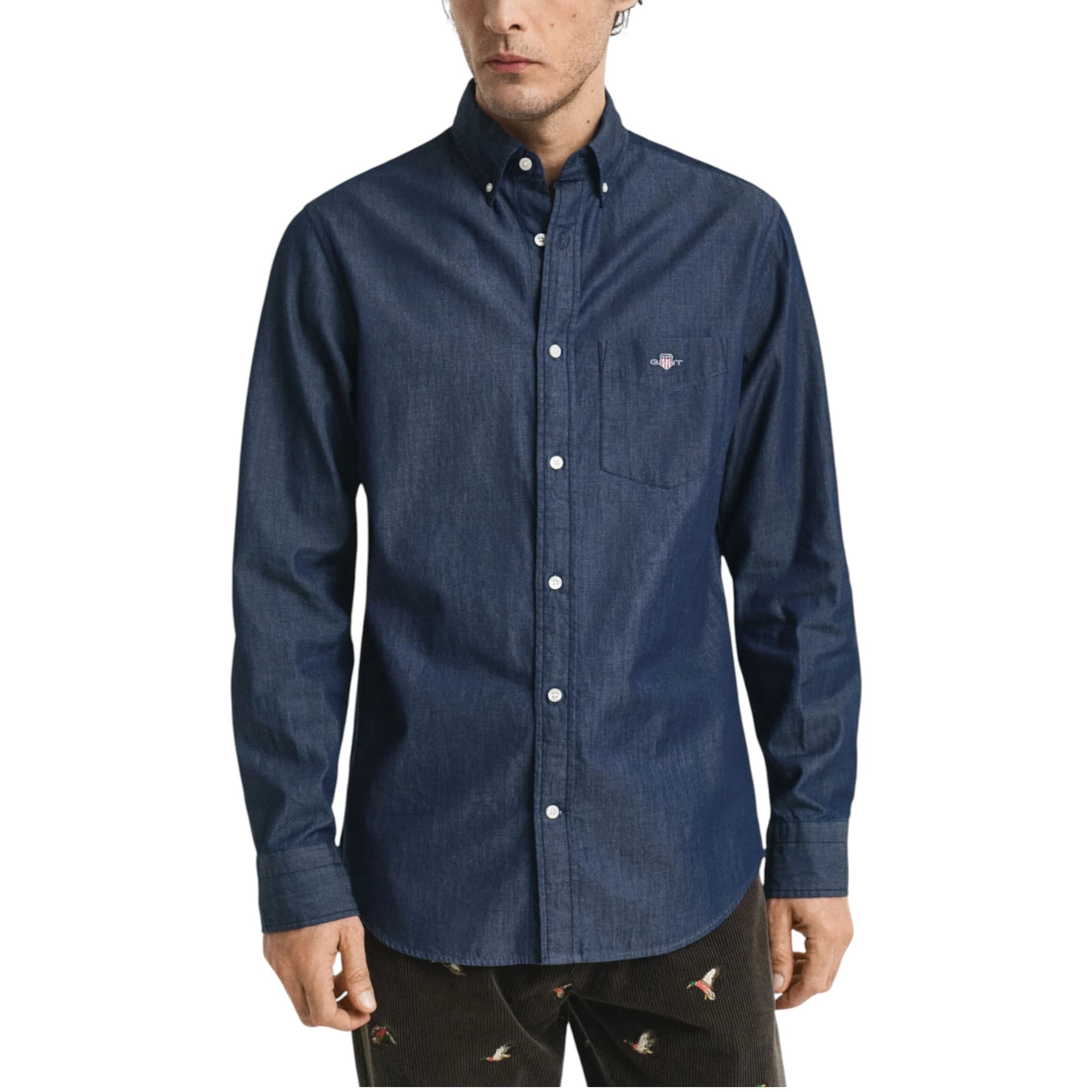Gant indigo cotton chambray shirt front view with button-down collar