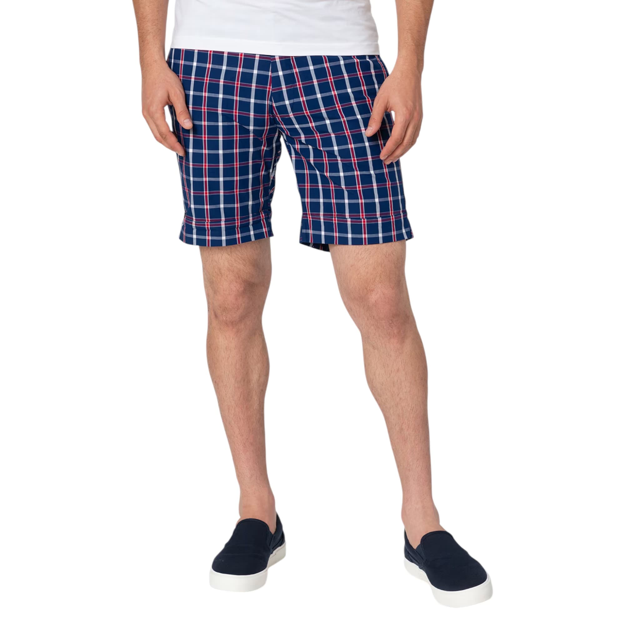 GANT men's navy check shorts front view, mid-rise fit with logo detail