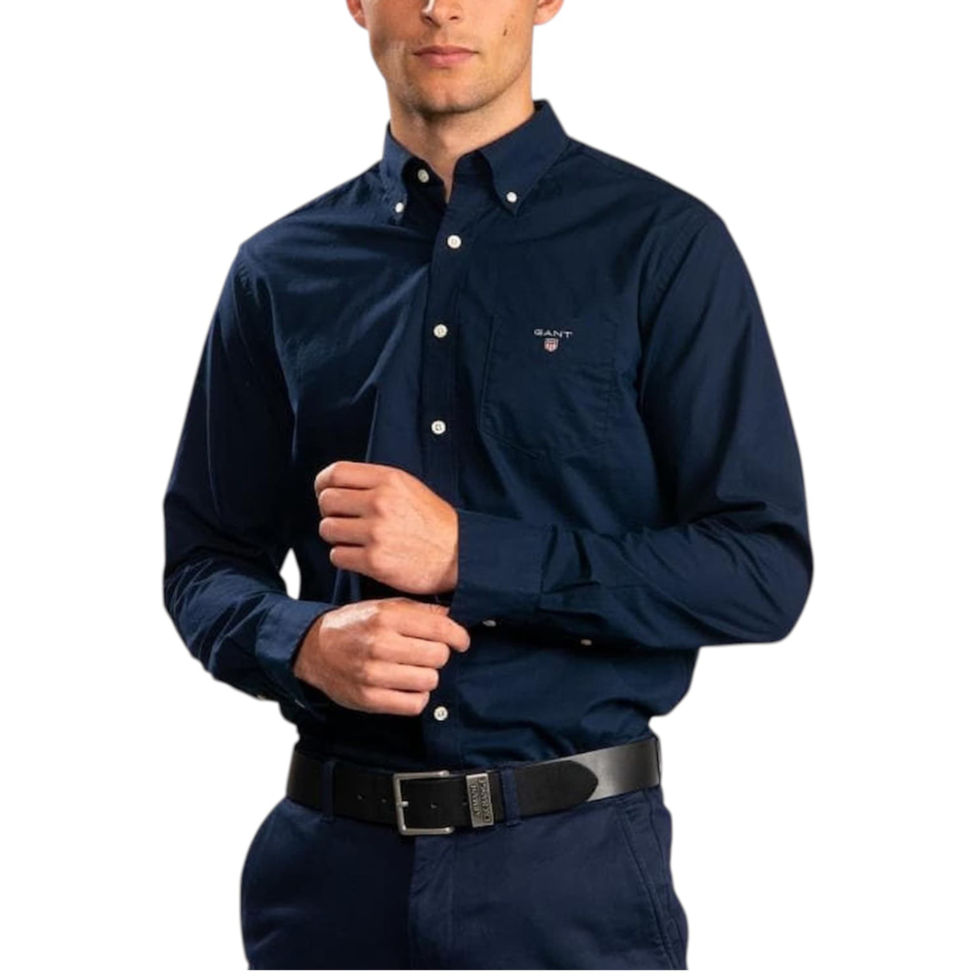 GANT men's navy cotton Oxford shirt with button-down collar, front view