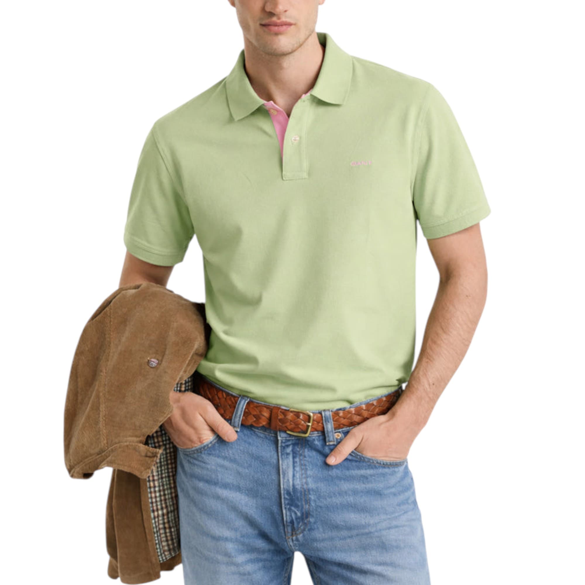 Gant men's apple green polo shirt with contrast collar, front view