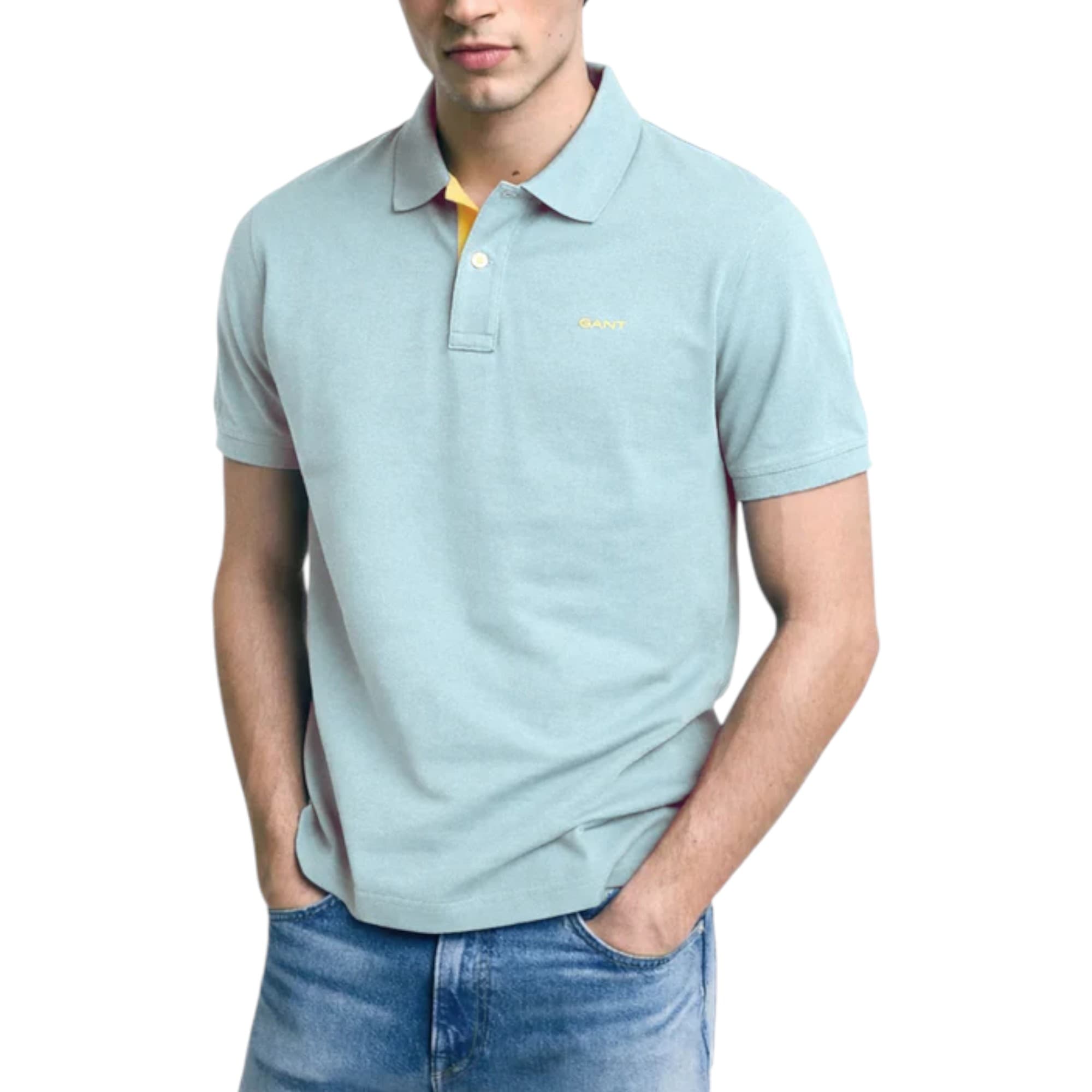 Gant men's dove blue polo shirt front view with Diamond Logo embroidery