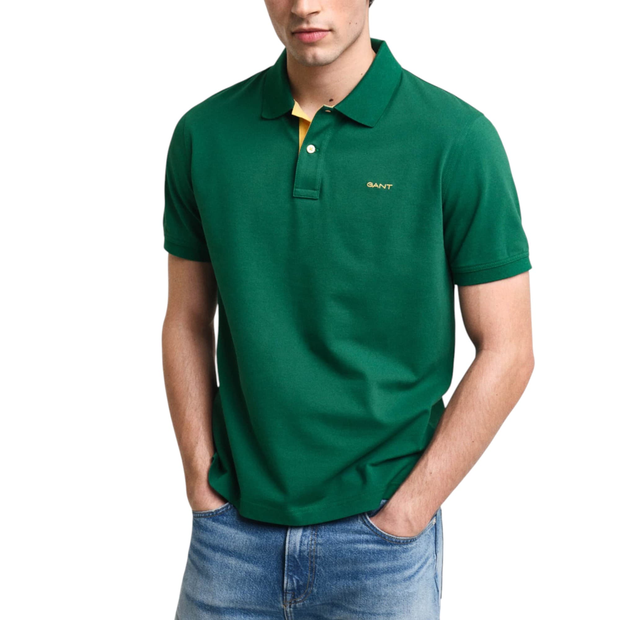 GANT men's forest green polo shirt with contrasting collar, front view