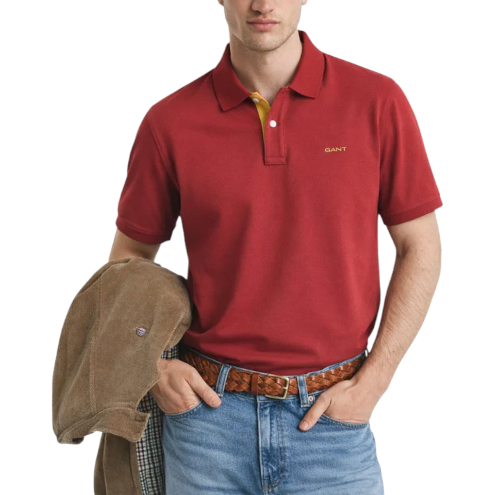 Gant men's iron red polo shirt with contrasting collar, front view