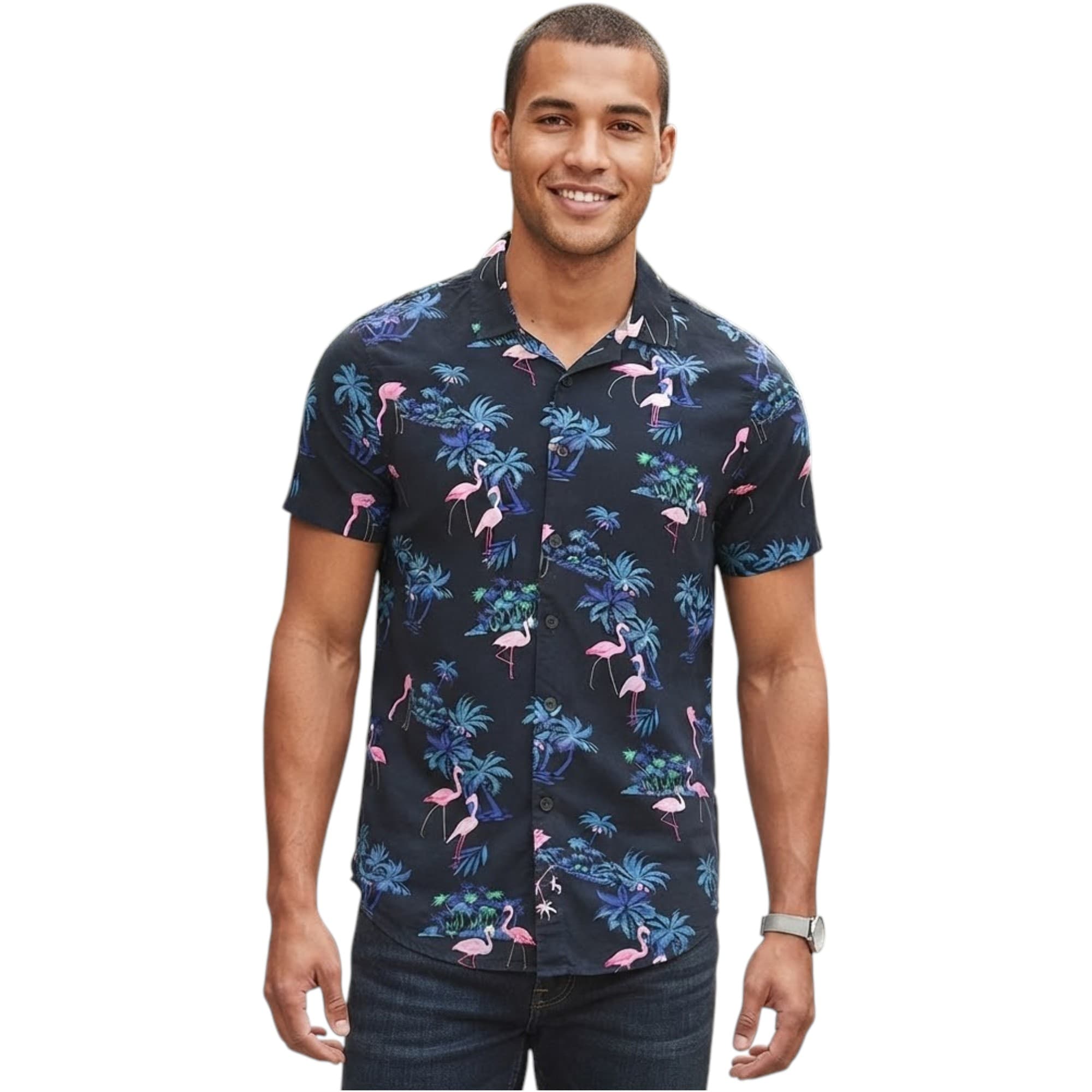 Hollister men's black and pink floral short-sleeve shirt, front view