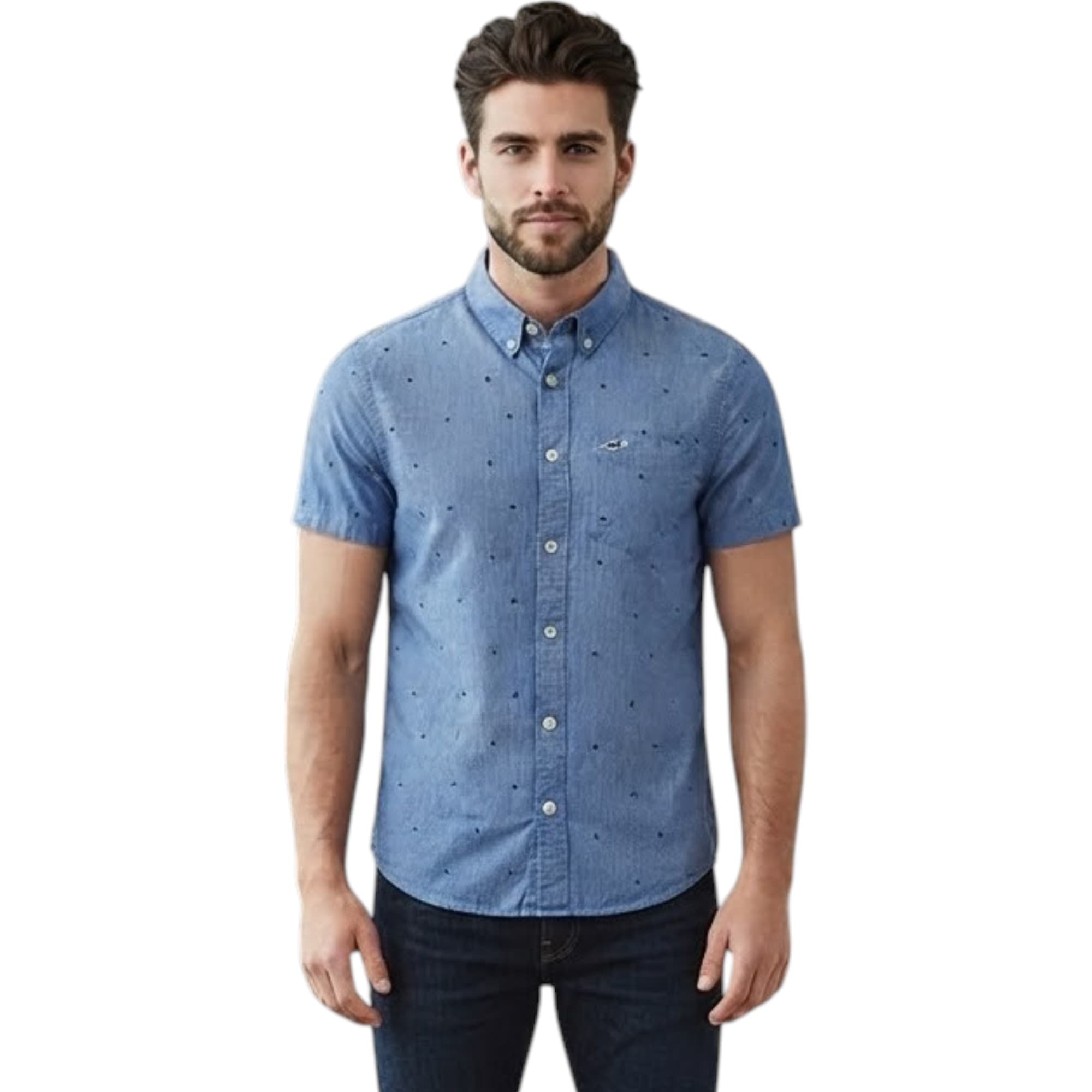 HOLLISTER men's blue floral short sleeve shirt front view
