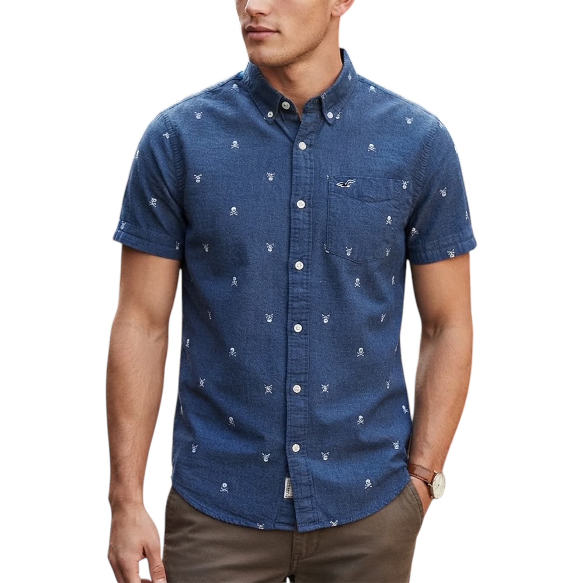 HOLLISTER men's navy skull floral short sleeve shirt front view