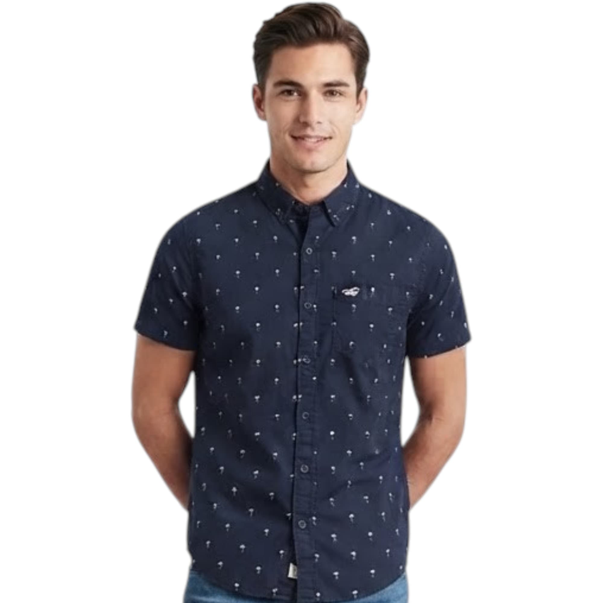 HOLLISTER men's navy tree floral short sleeve shirt front view