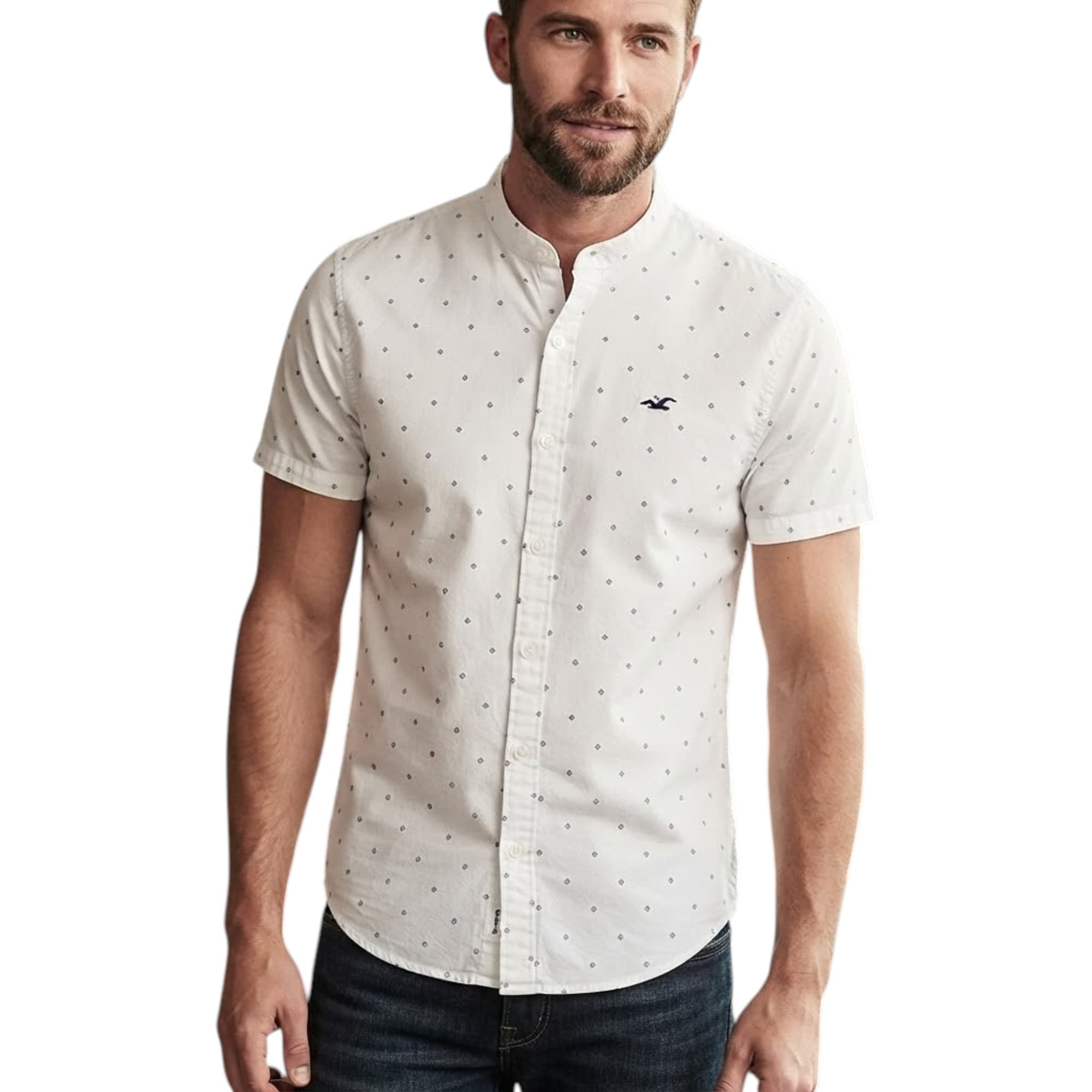 HOLLISTER men's white floral short sleeve shirt front view