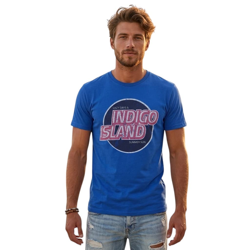House Brand blue men's crew neck t-shirt with ribbed neckline, front view