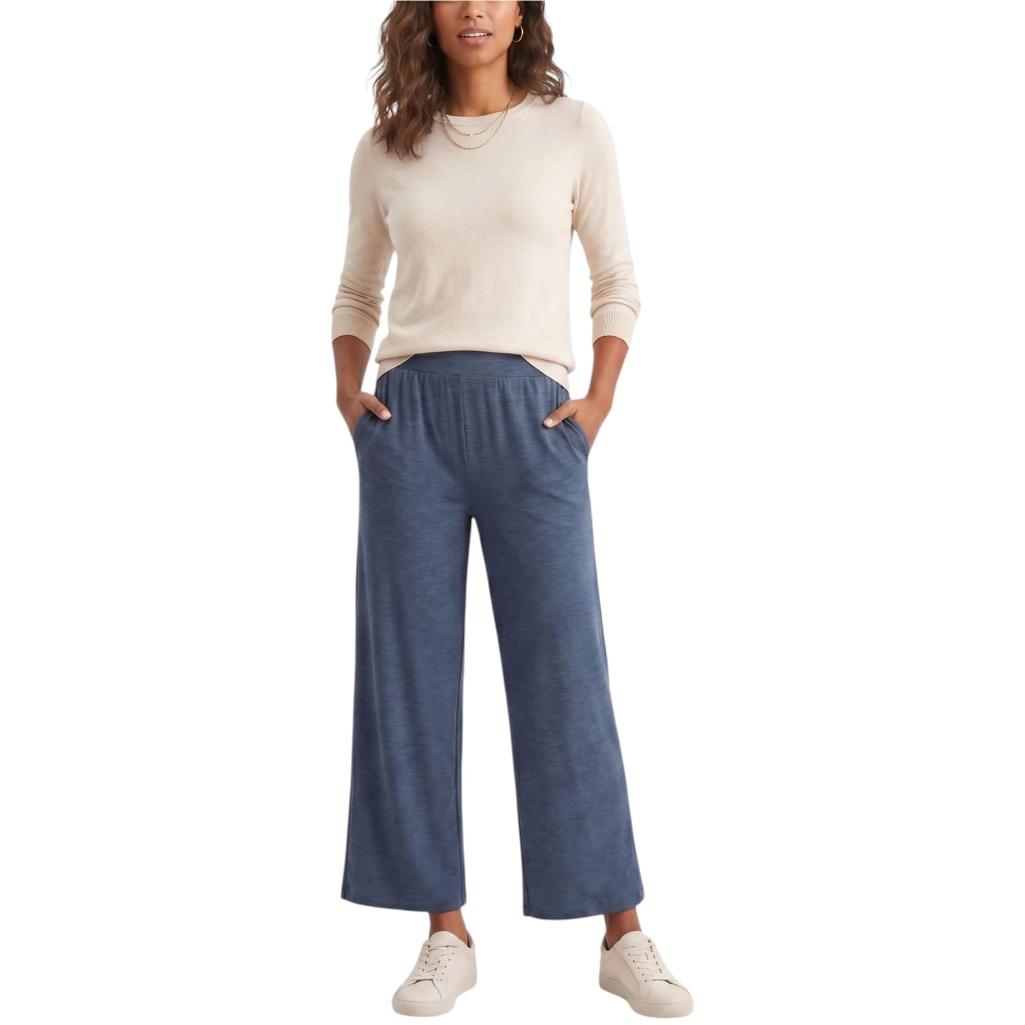 Kenneth Cole womens heather navy short leggings front view with wide leg silhouette