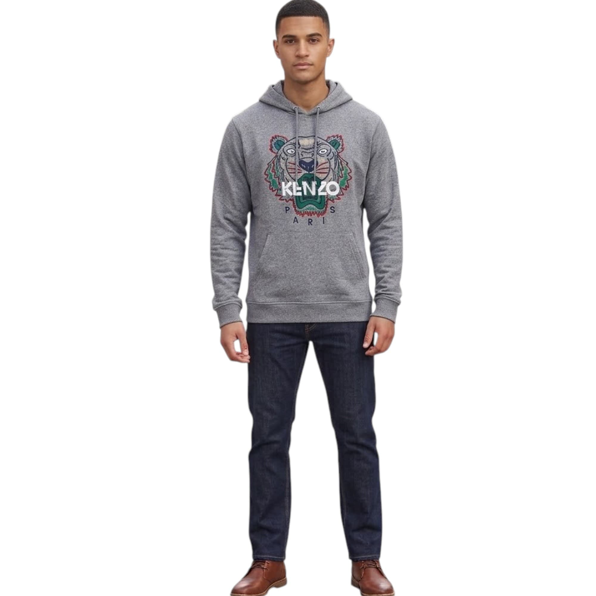 Kenzo grey tiger print cotton hoodie front view with drawstring