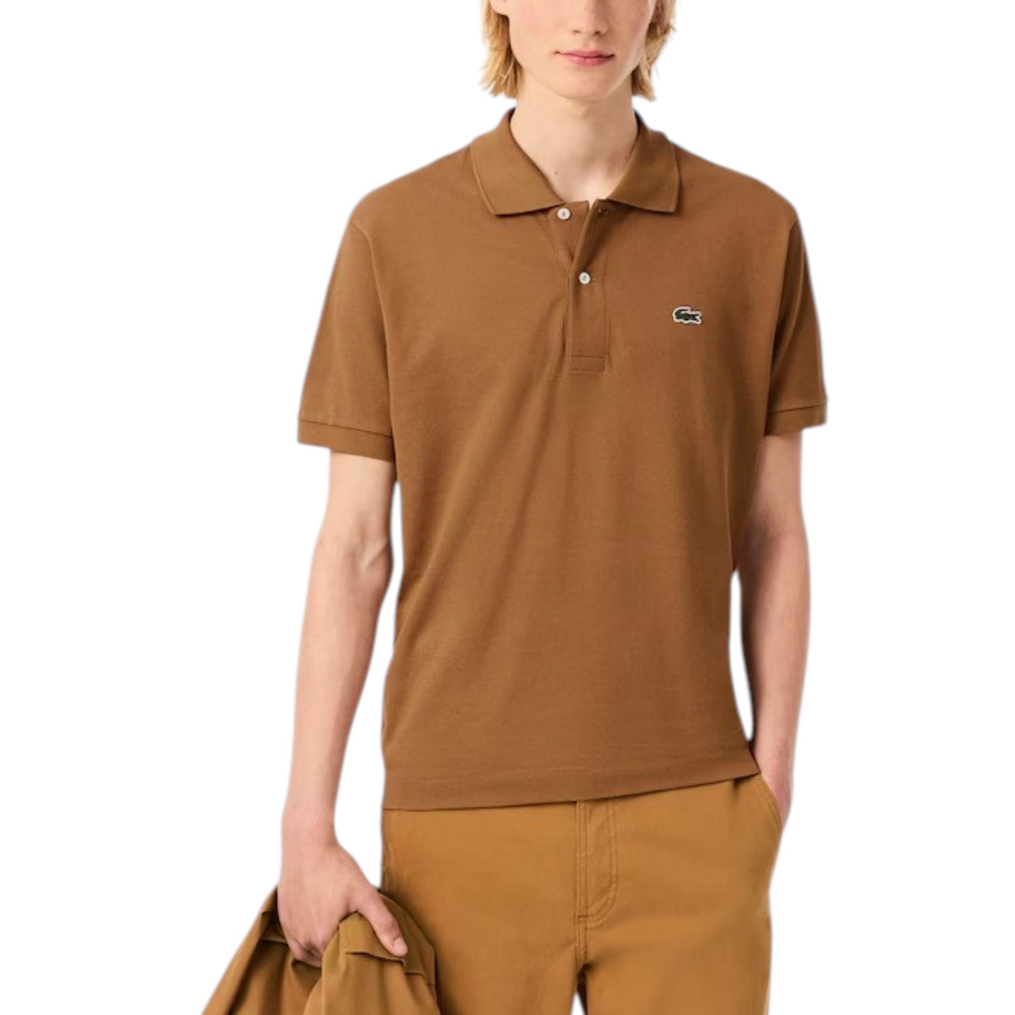 Lacoste L1212 mens polo shirt in camel cotton with signature croc appliqué at chest