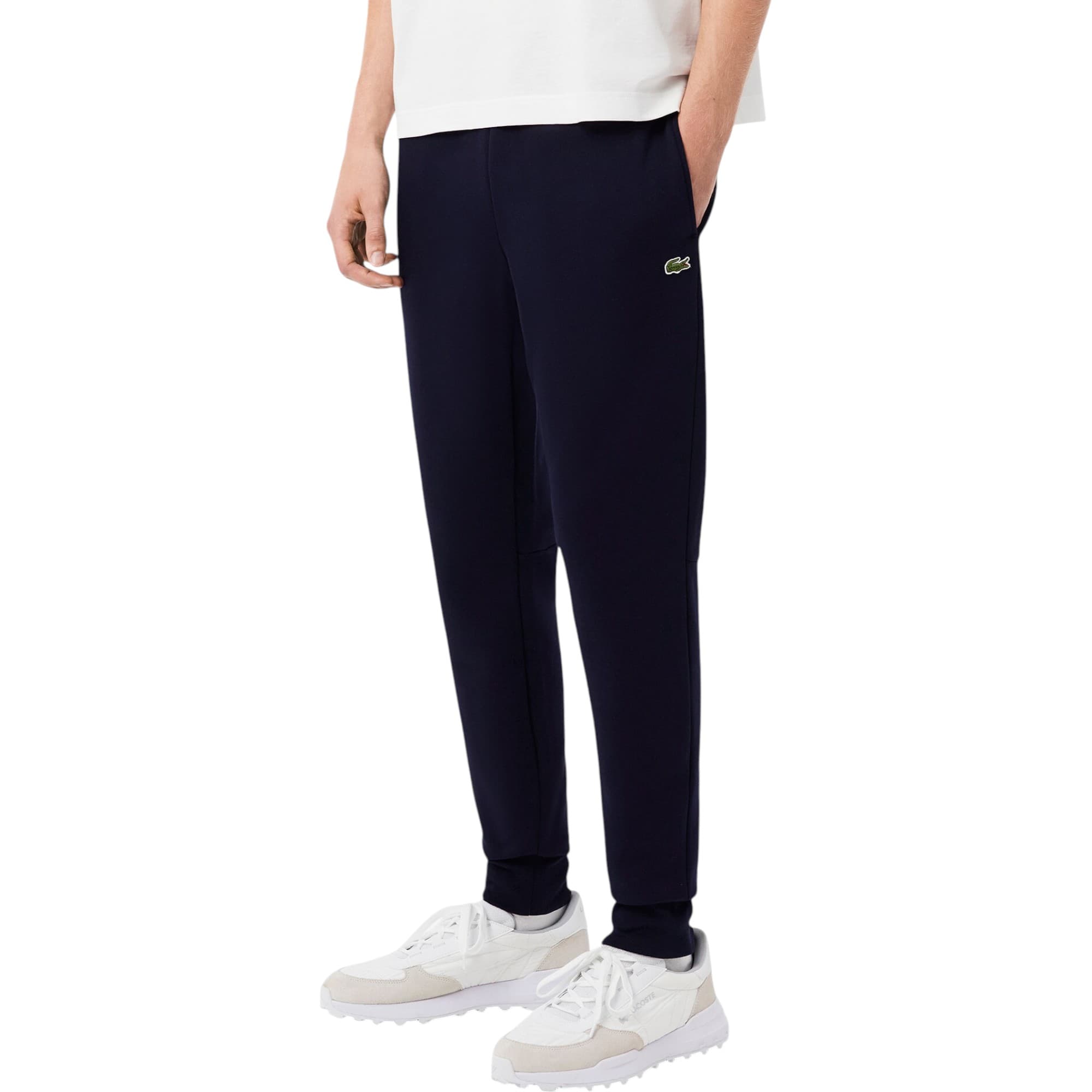 Lacoste navy joggers front view with embroidered logo and elastic waist