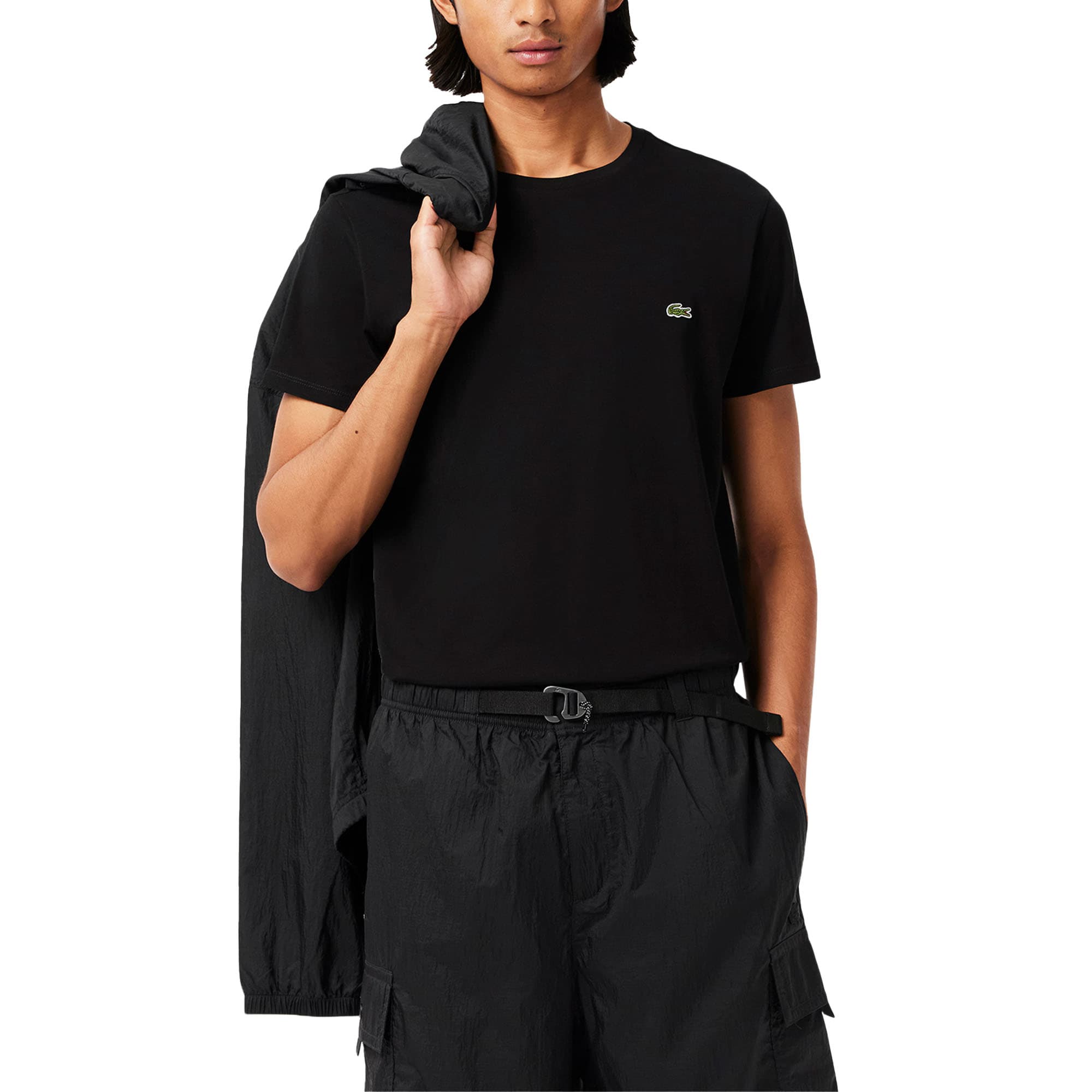 Lacoste black crew neck t-shirt TH6709 with embroidered crocodile logo, front view