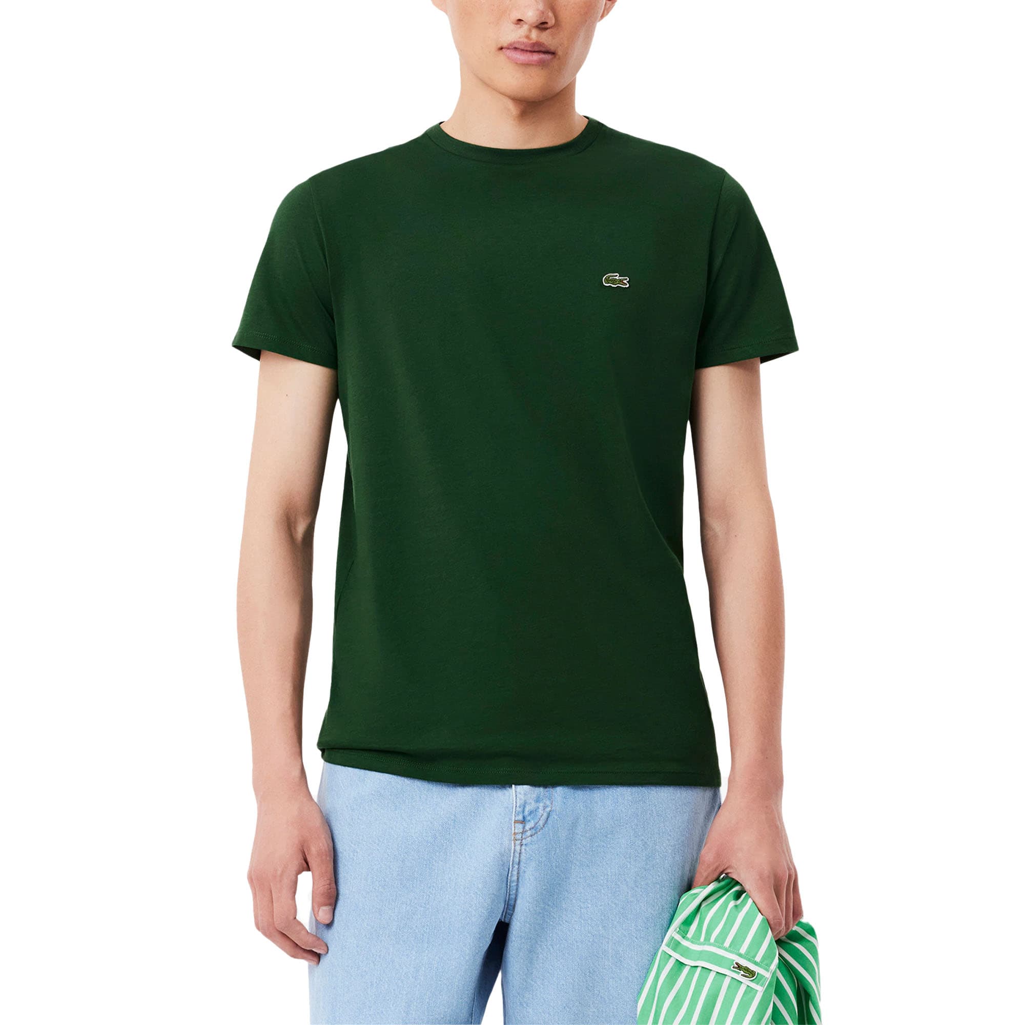 Lacoste men's green crew neck t-shirt with embroidered crocodile logo, front view