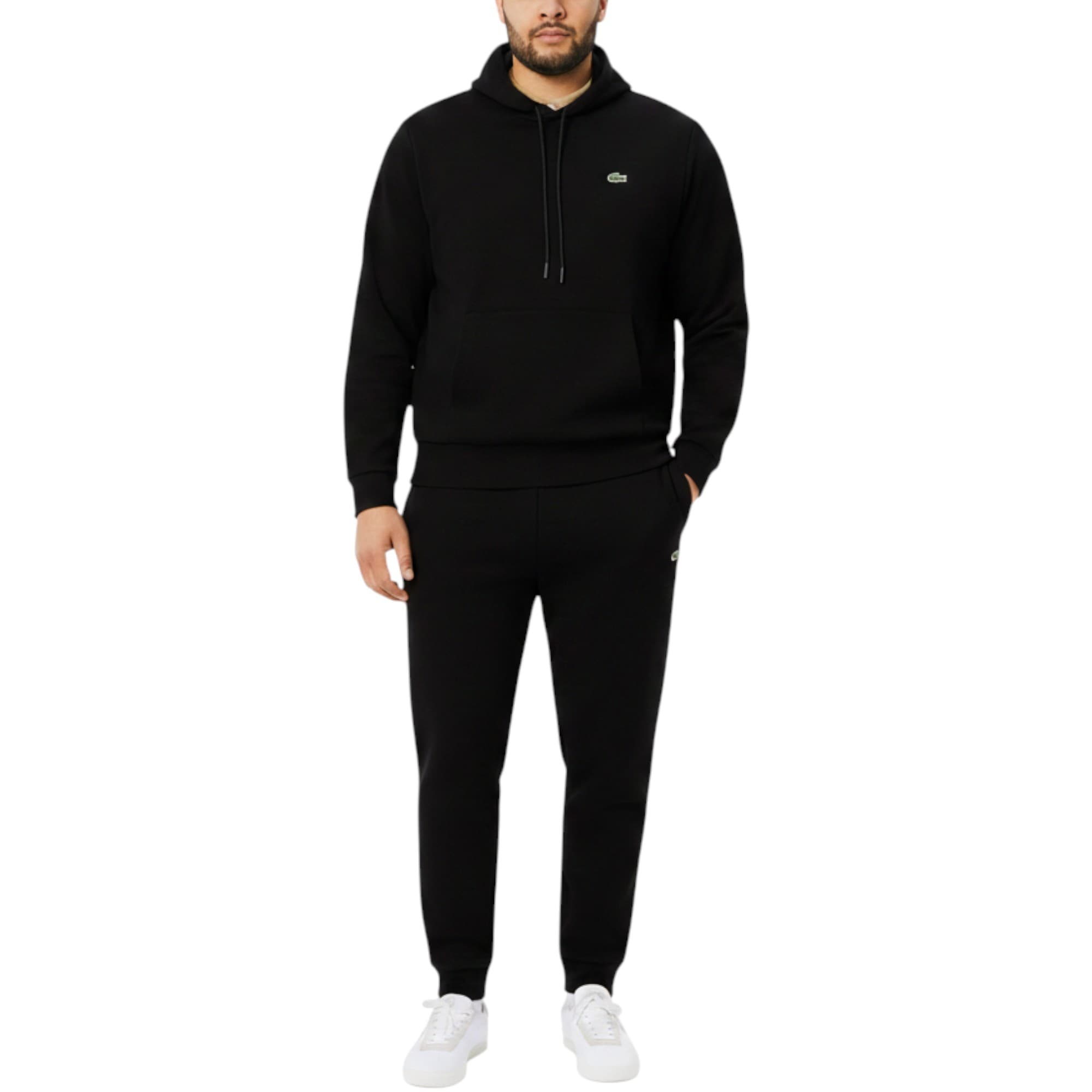 Lacoste men's black tracksuit hoodie front view with embroidered crocodile