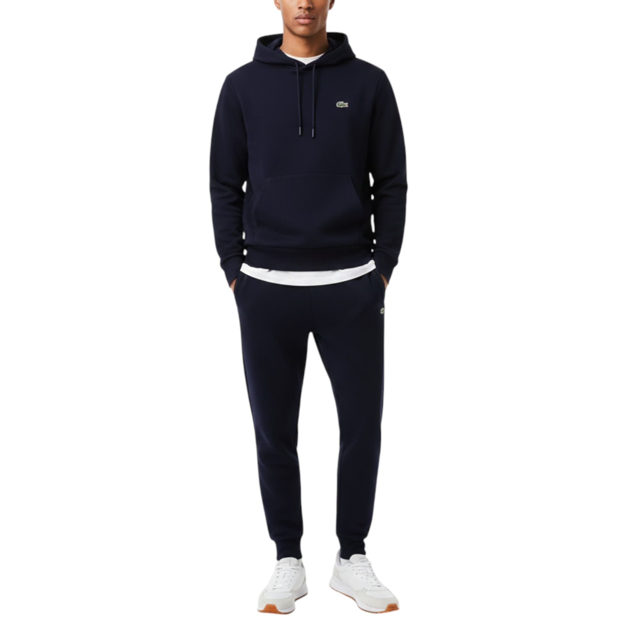 Lacoste men's navy tracksuit hoodie front view with embroidered crocodile logo