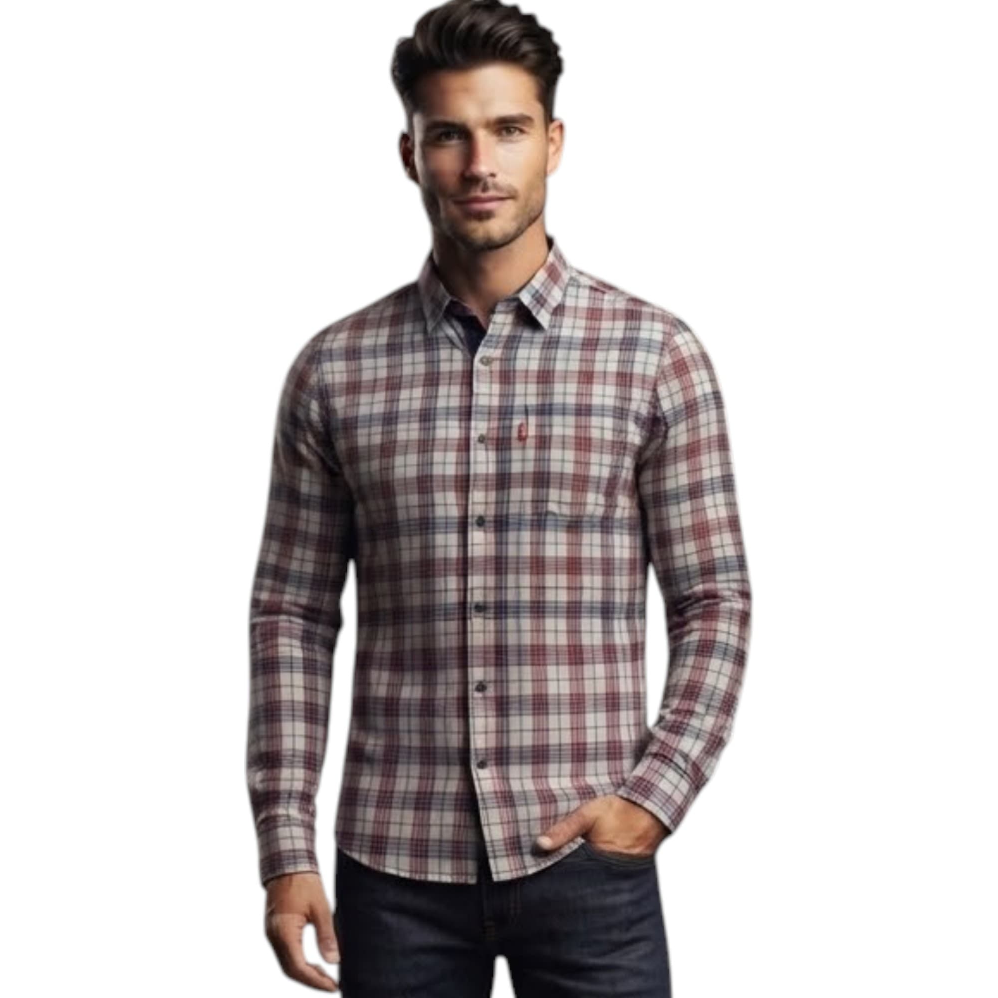 Levi's men's long sleeve shirt in beige and red stripe, front view