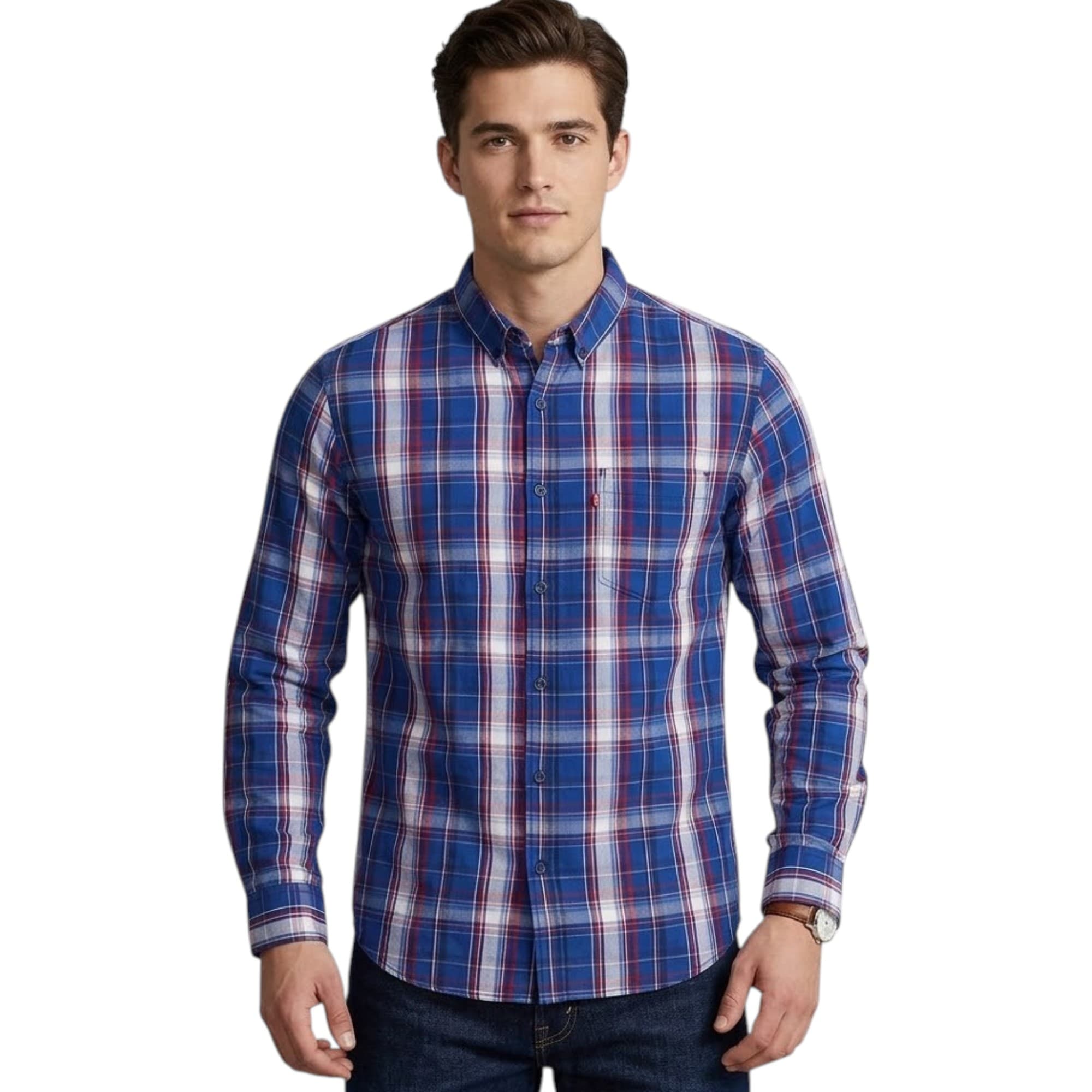 Levi's men's blue and red striped long sleeve shirt, front view