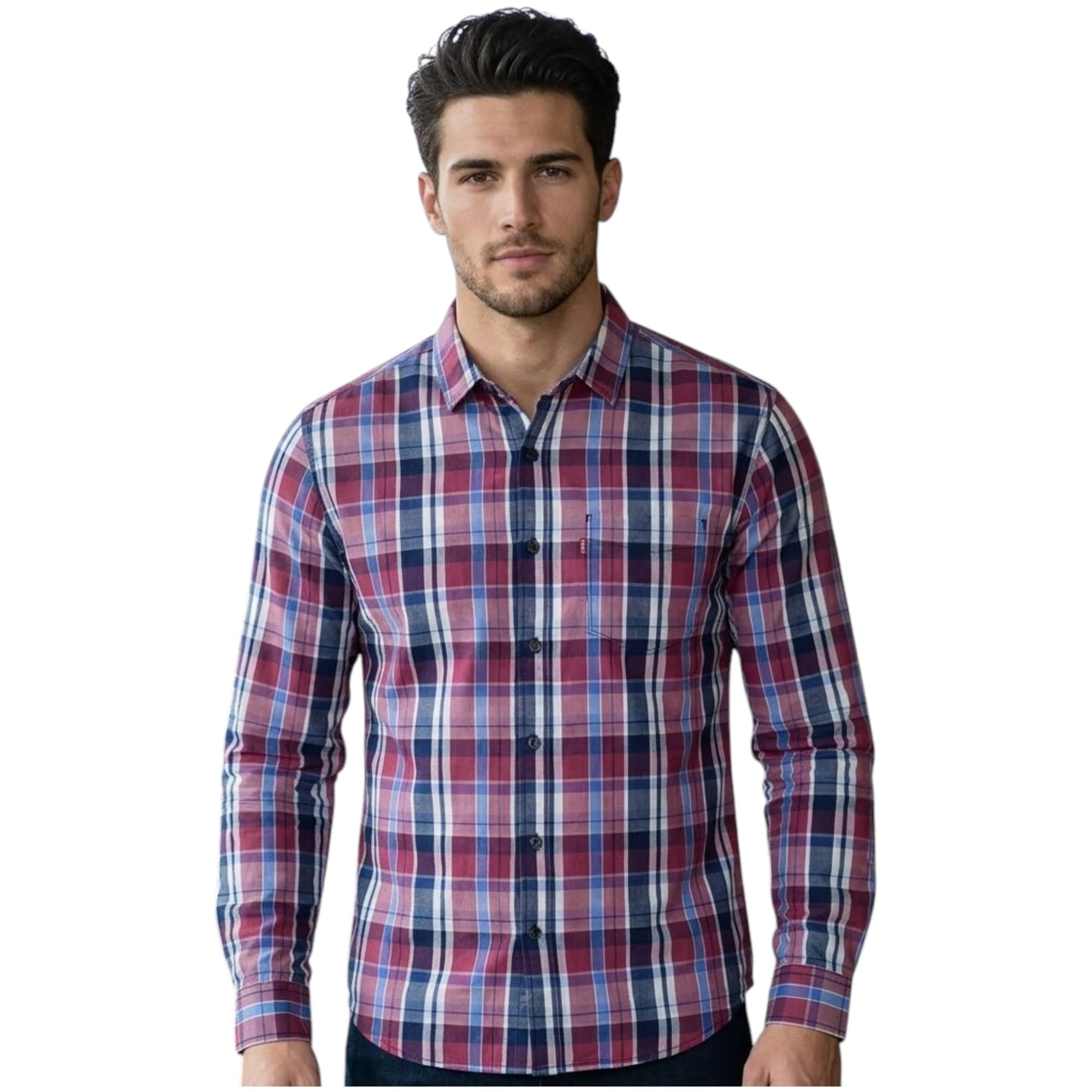 Levi's men's maroon and blue striped long sleeve shirt, front view
