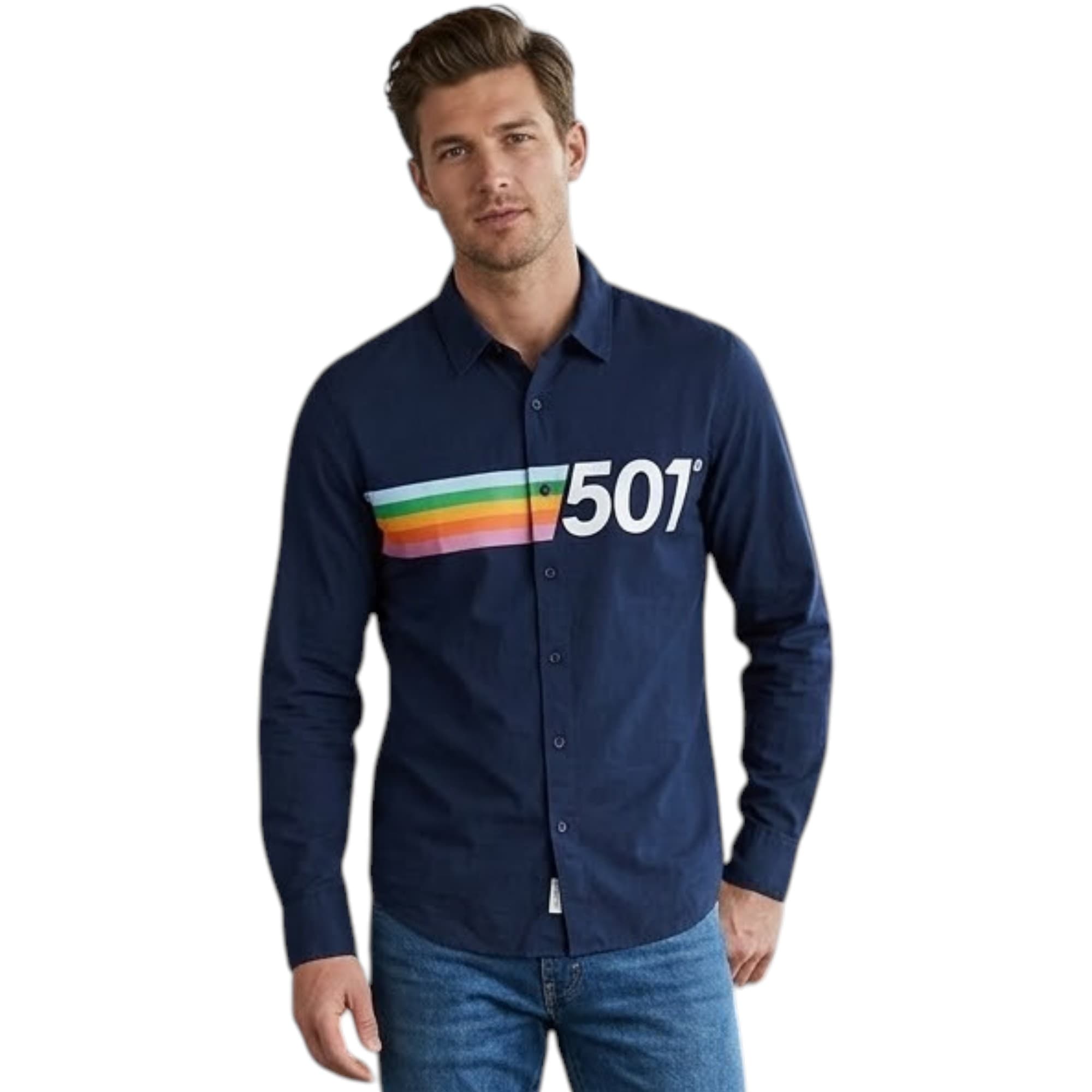 Levi's men's navy long sleeve cotton shirt, front view, slim fit with button fastening