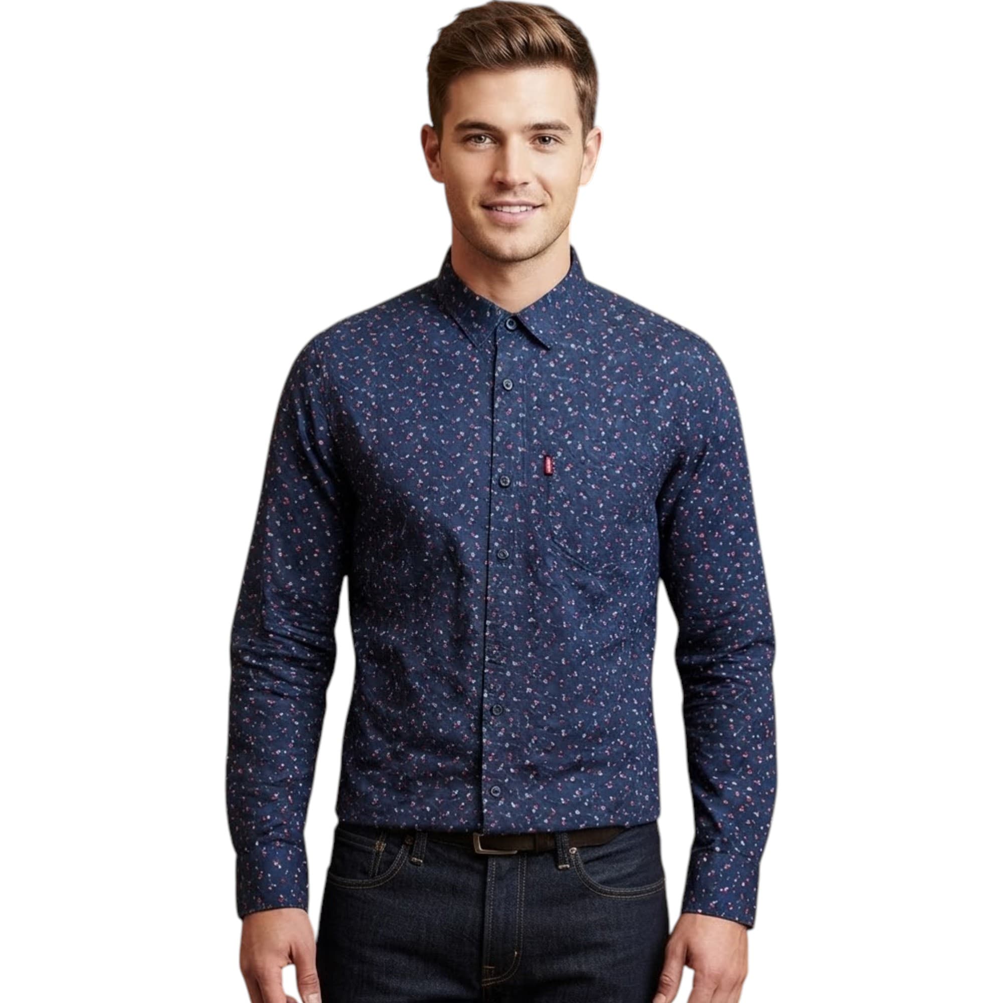 Levi's men's navy flowery long sleeve shirt, slim fit front view