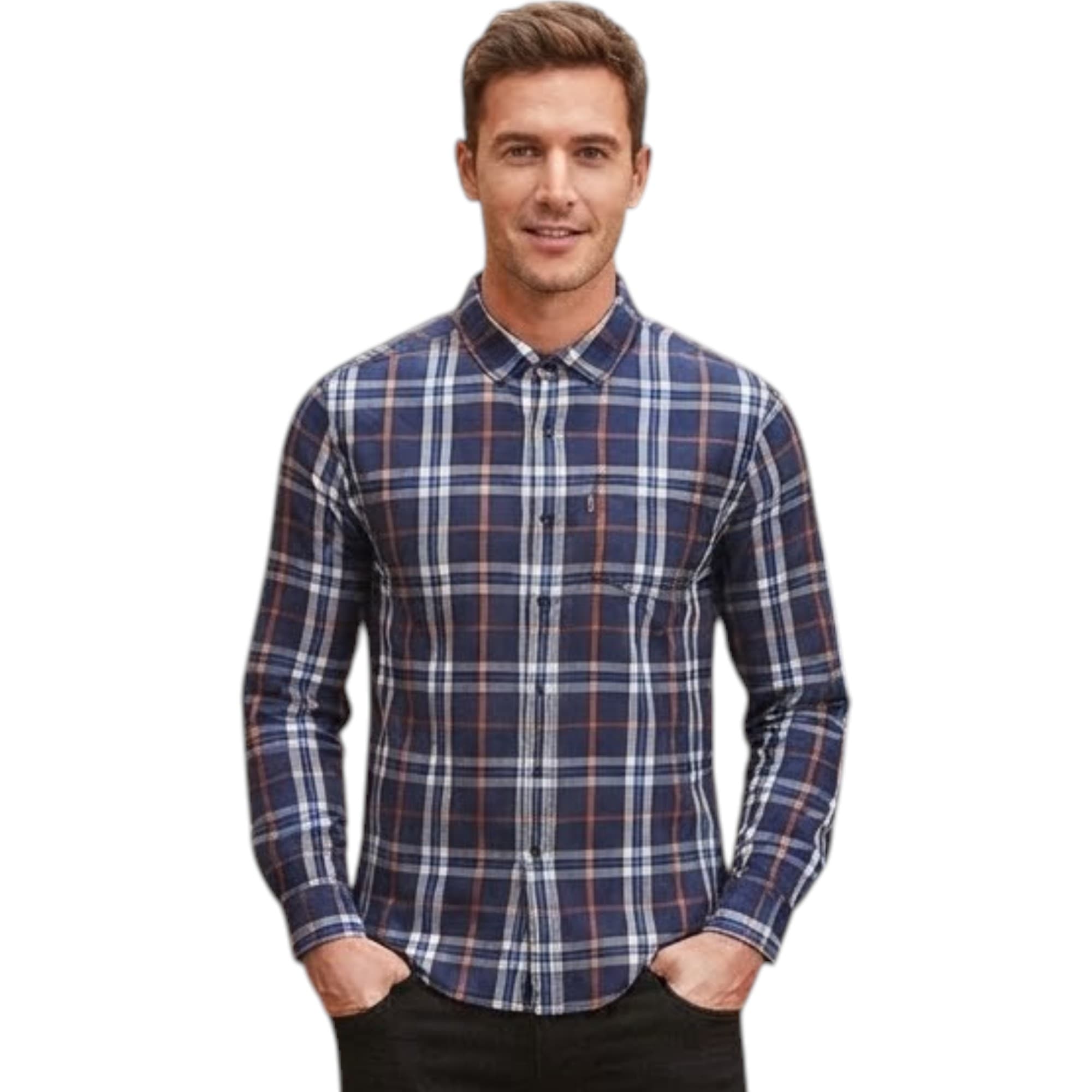 Levi's men's navy and orange striped long sleeve cotton shirt, front view, slim fit