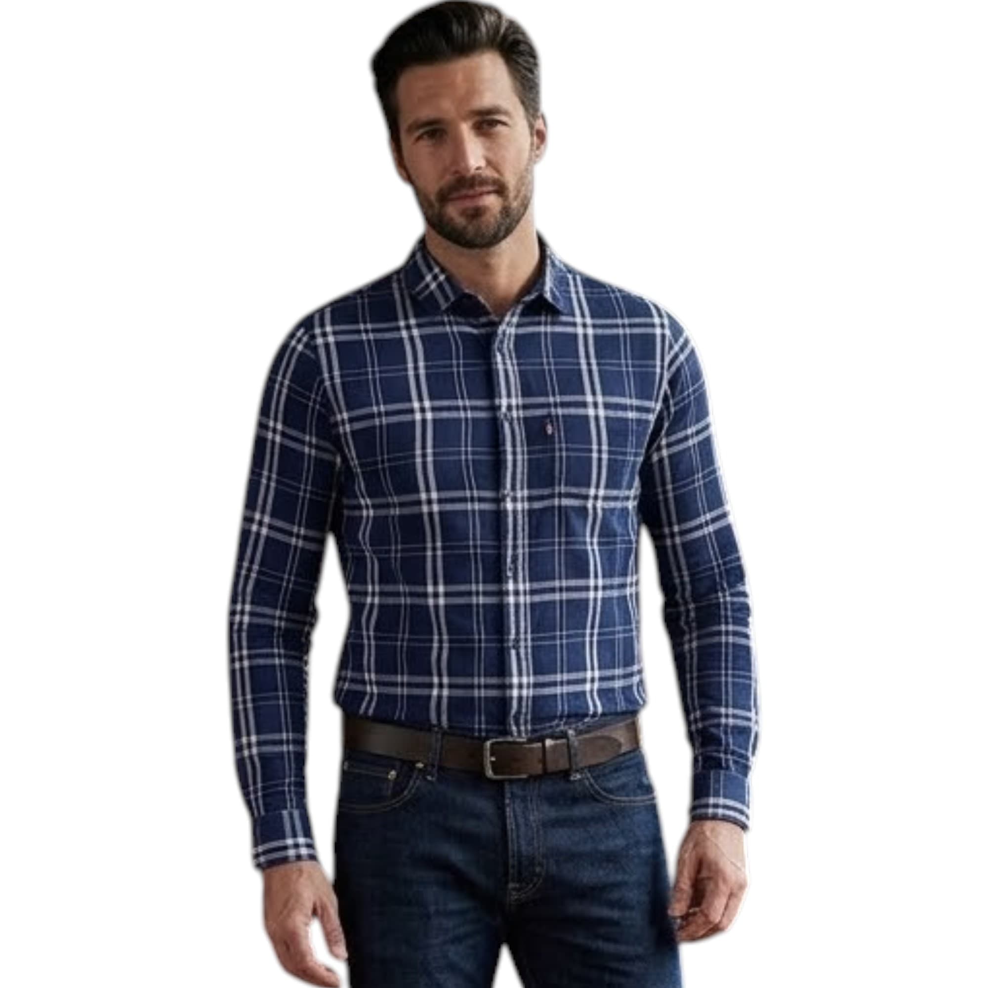 Levi's men's navy and white striped long sleeve shirt, slim fit, front view
