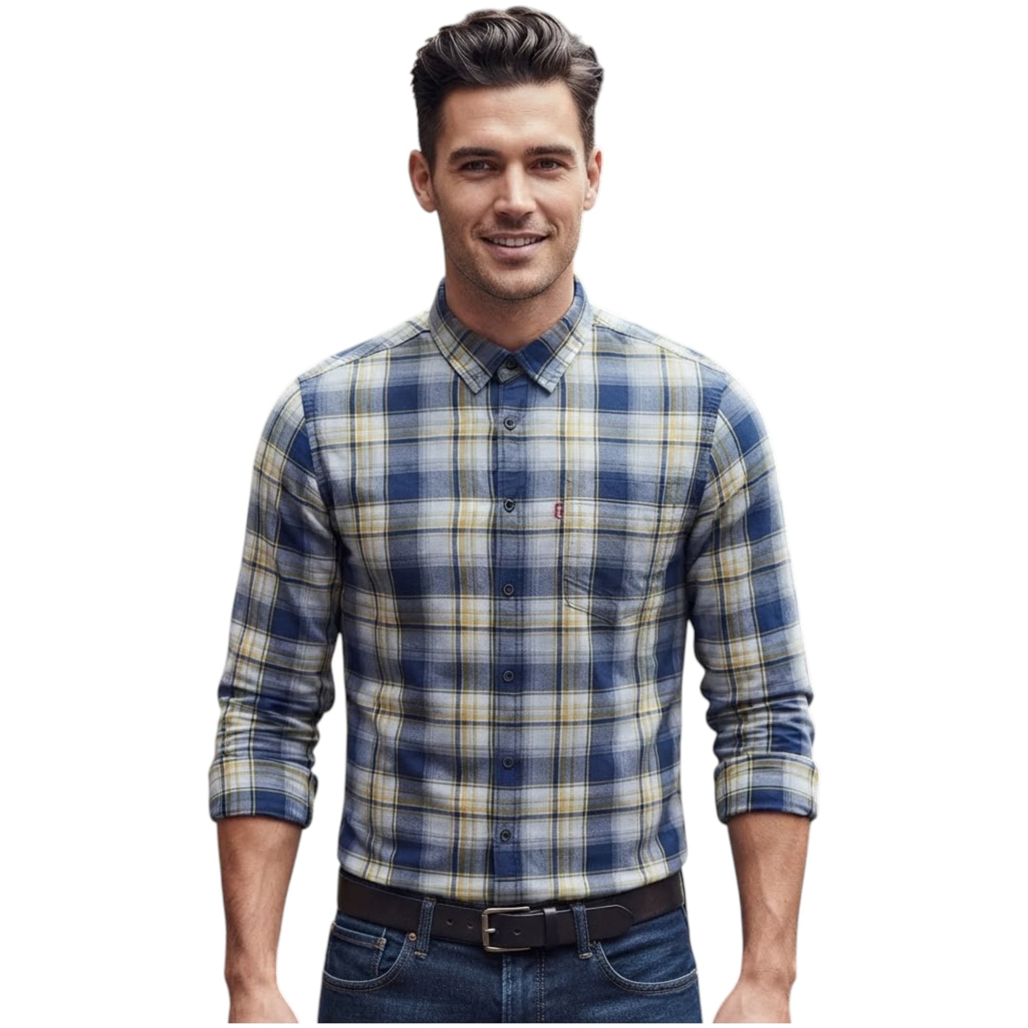 Levi's men's navy and yellow stripe long sleeve shirt, front view