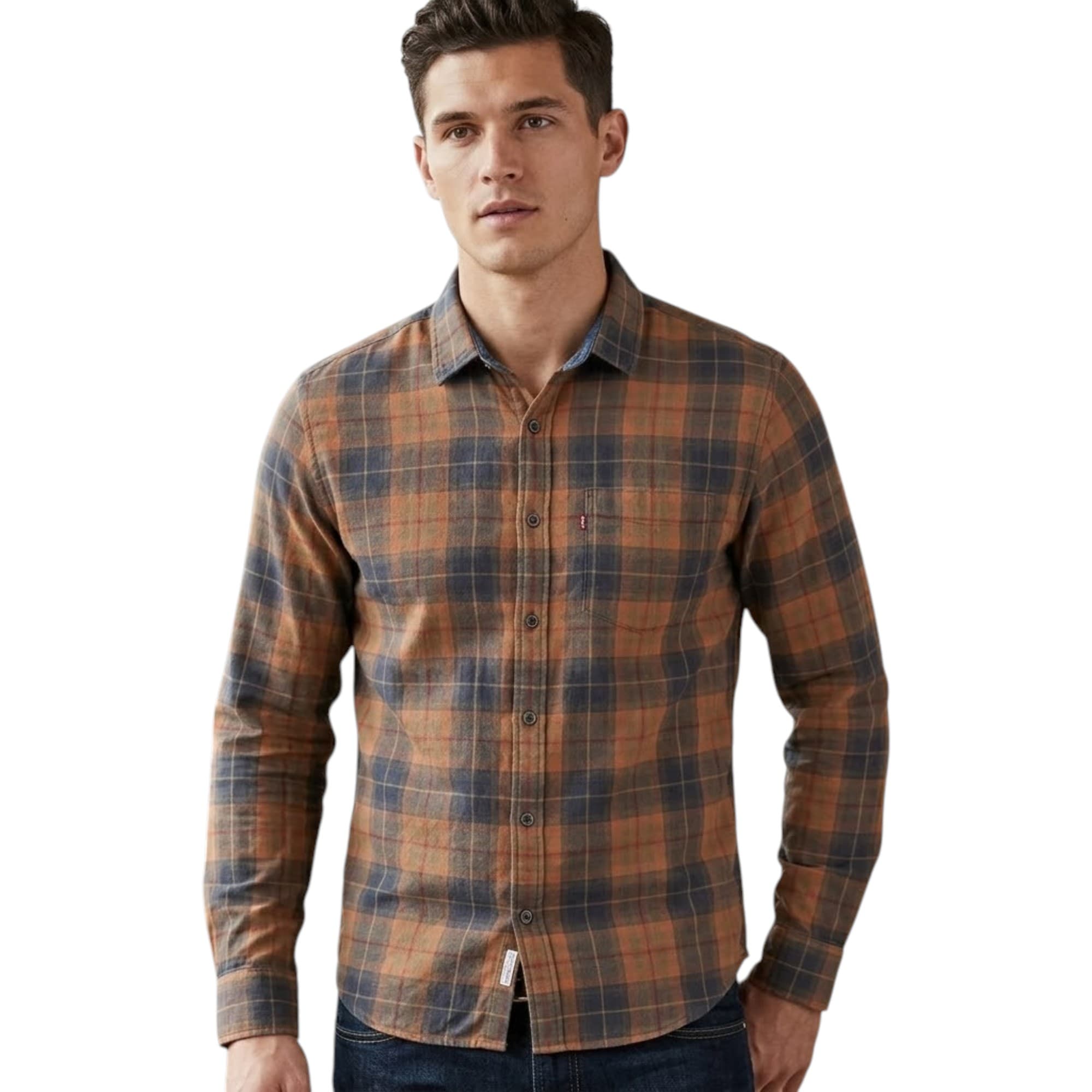 Levi's men's orange stripe long sleeve shirt, front view, slim fit