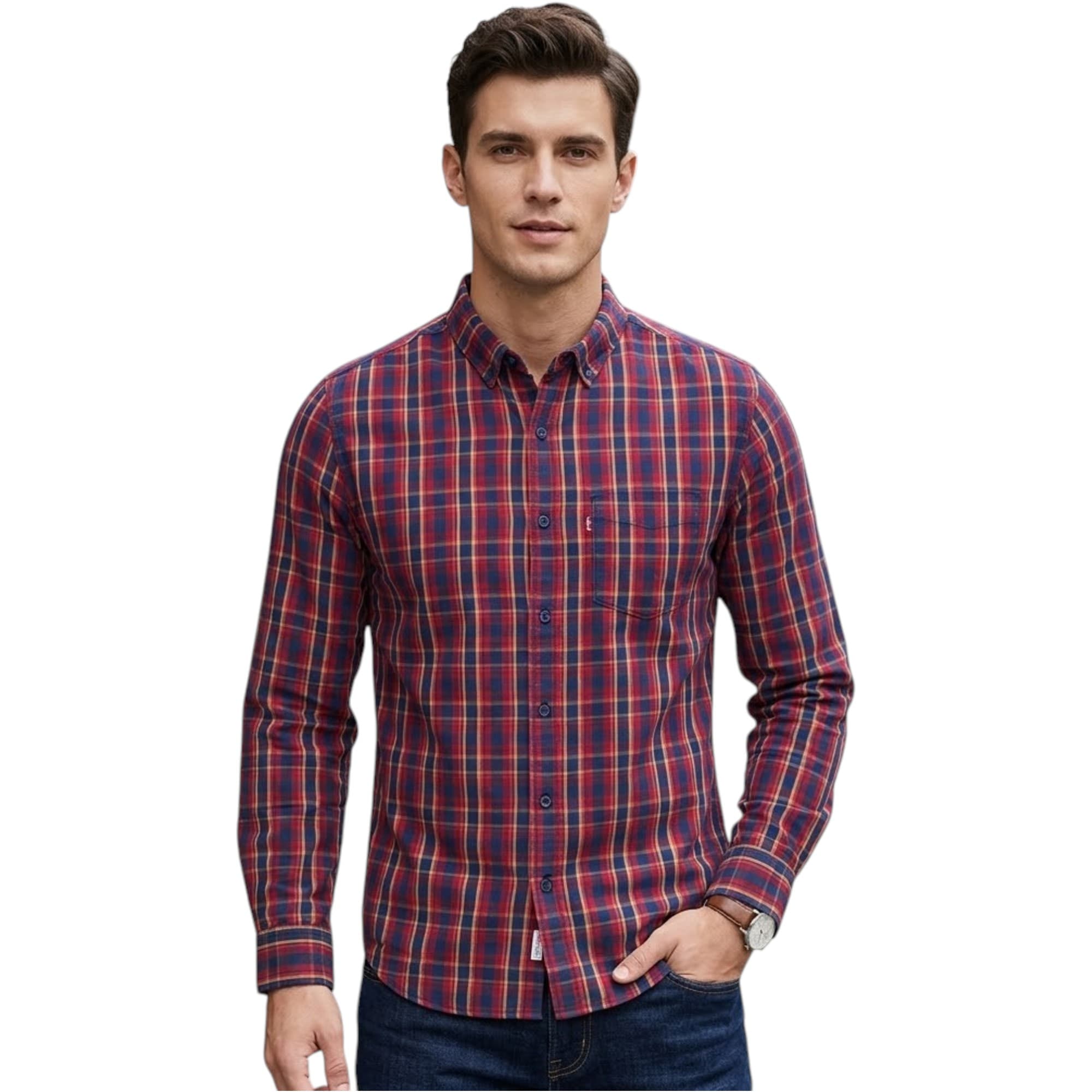 Levi's men's red and orange striped long sleeve shirt front view, slim fit with button fastening
